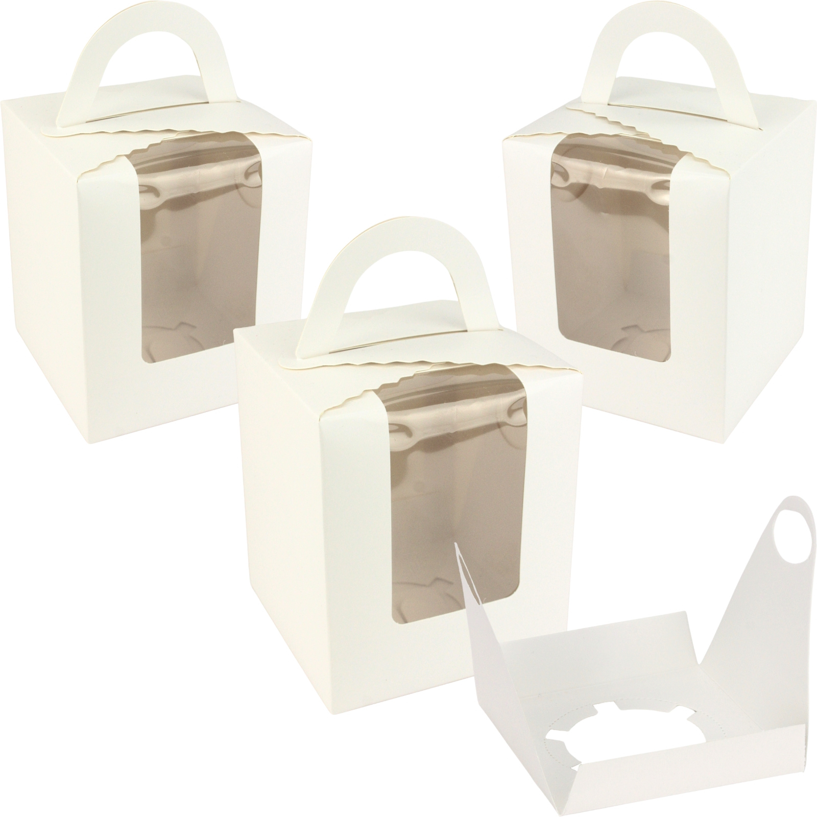 White Scalloped Cupcake Boxes with Window and Handle (Pack of 6)