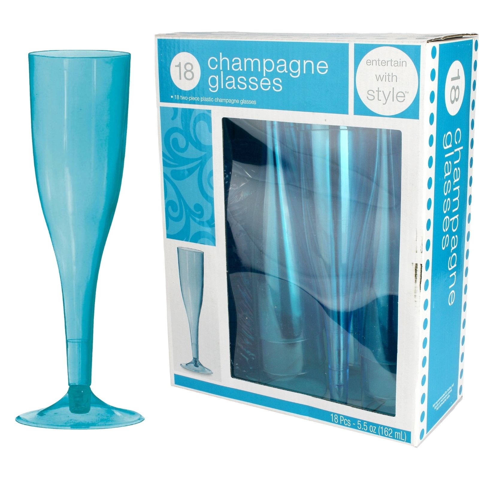 Caribbean Blue Plastic Champagne Glasses (Pack of 18)