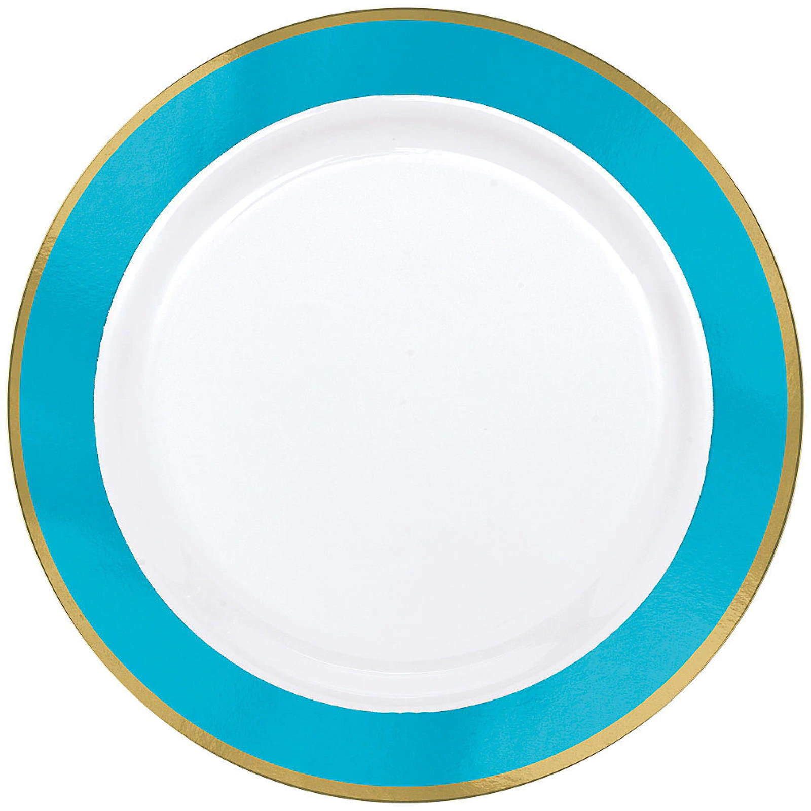 Caribbean Blue Metallic Border Premium Large Plastic Plates (Pack of 10)