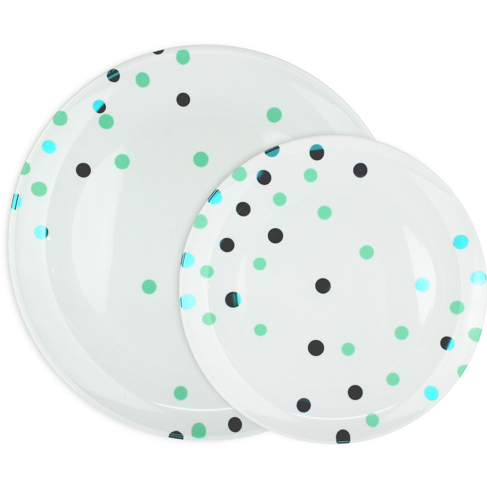 Mint Green & Teal Blue Metallic Dots Premium Plastic Plate Set (For 10 Guests)