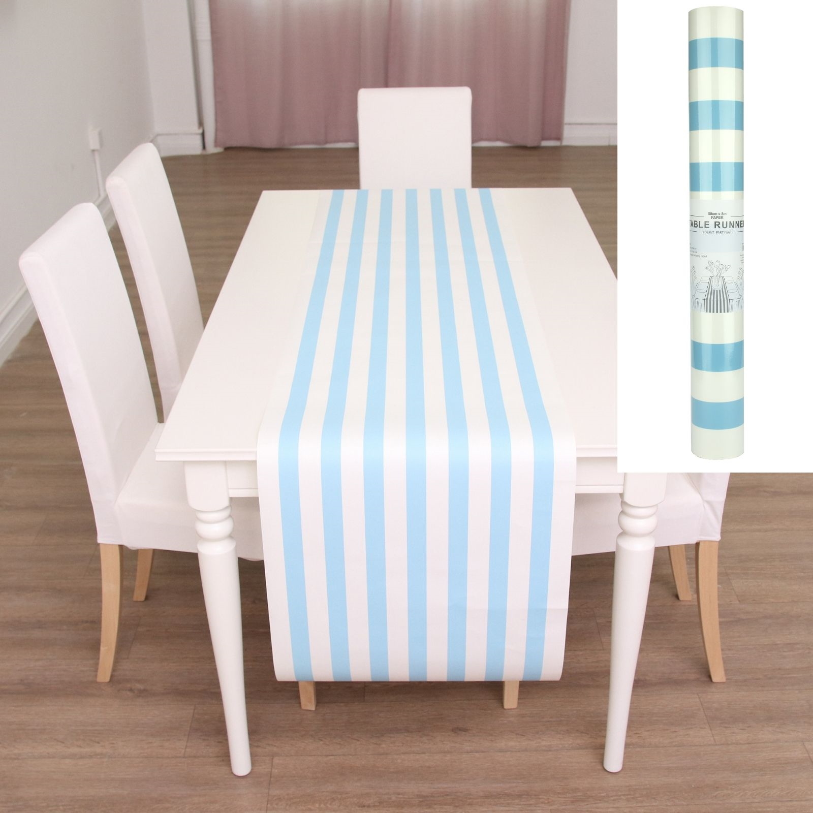 Light Blue and White Paper Table Runner 8m