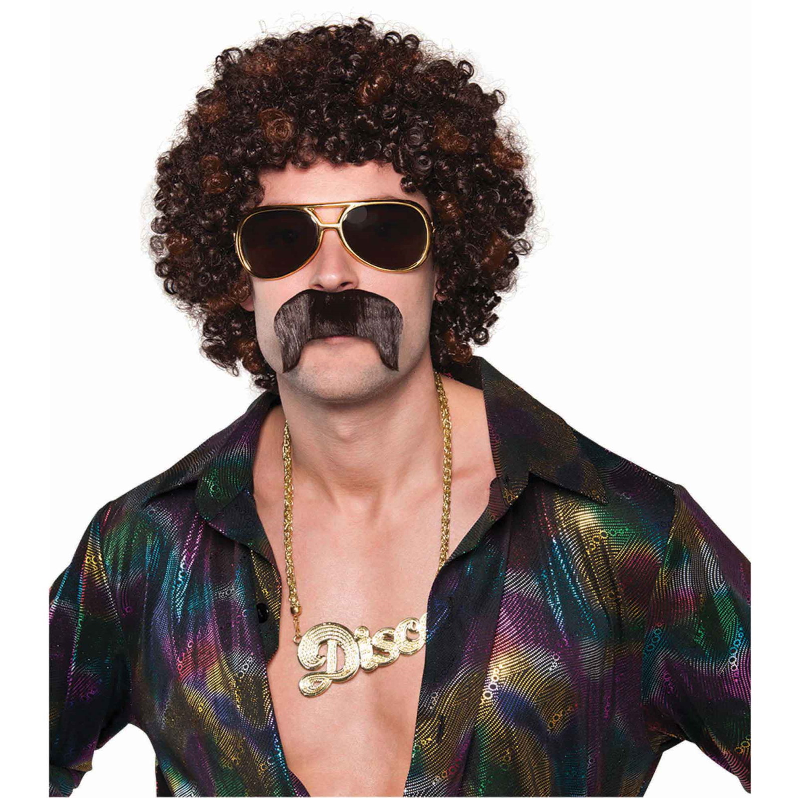 Men's Disco Hound Brown Afro Wig & Moustache