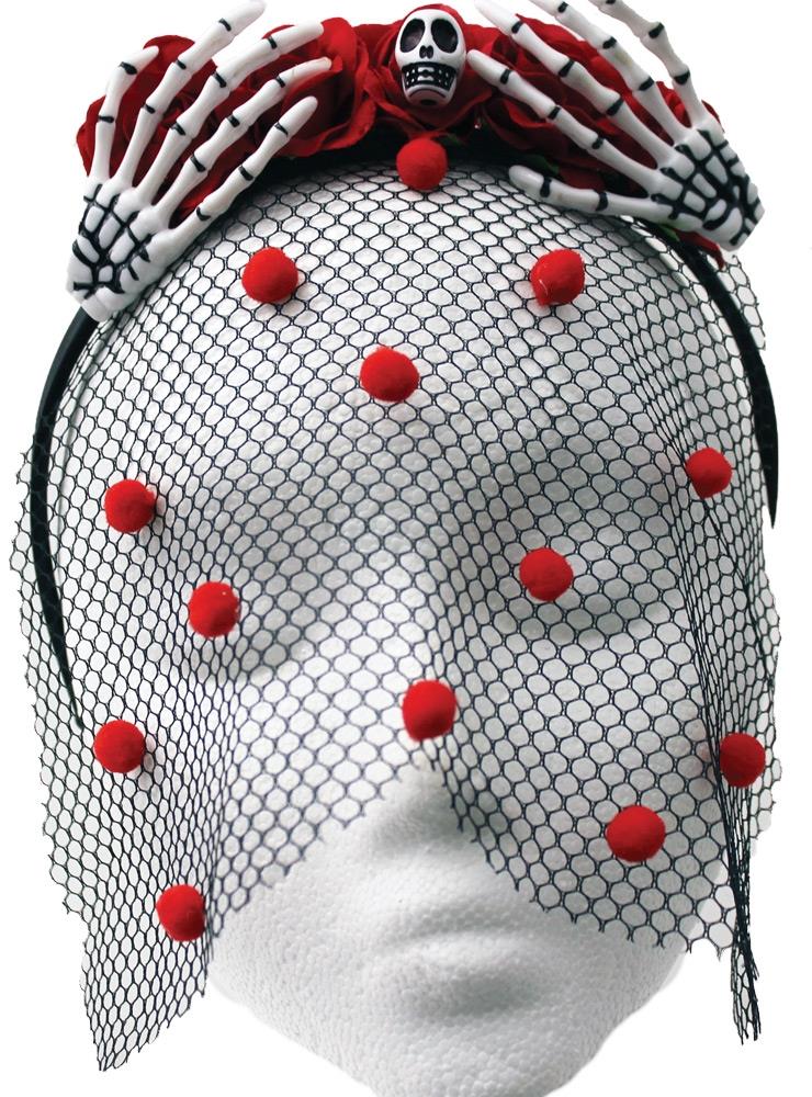 Skull Hand Rosette Crown Veil Headpiece Adult Costume Accessory