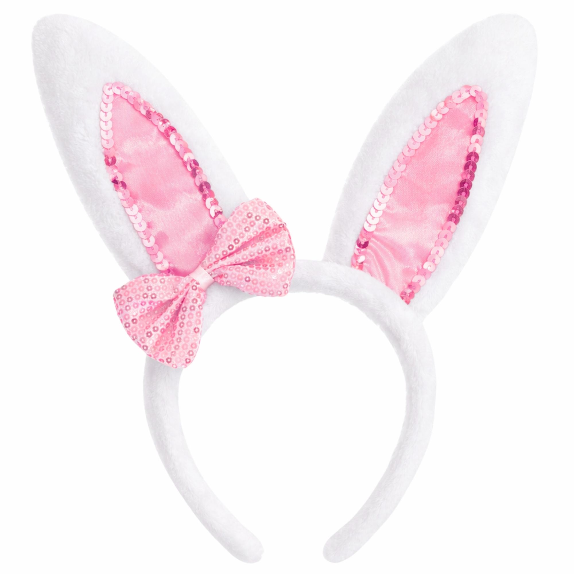White & Pink Sequin Bow Bunny Ears Headband