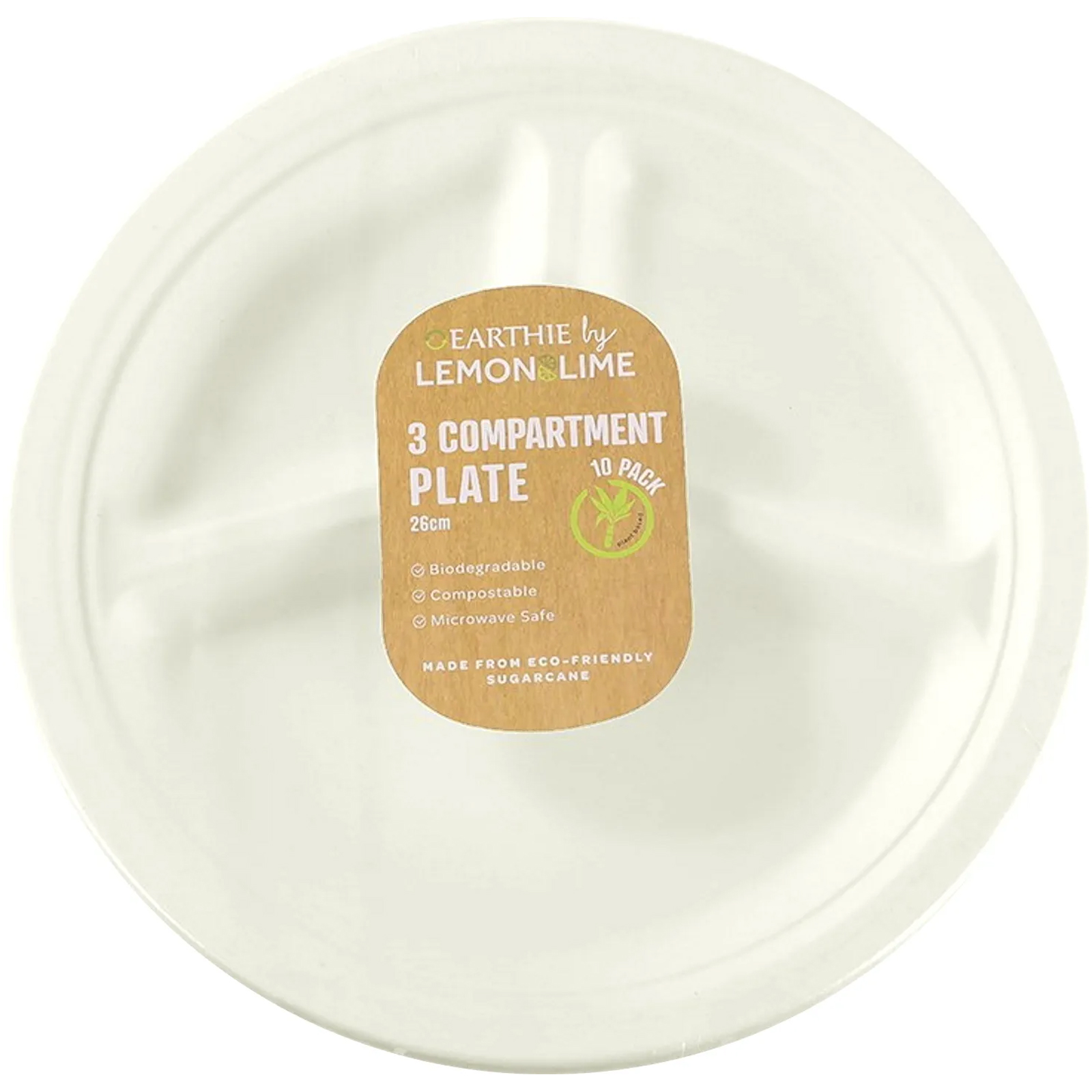 White Eco Sugarcane Large Compartment Plates 26cm (Pack of 10) 