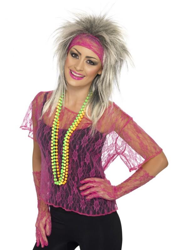 Neon Pink Lace Net Vest Adult Costume Set