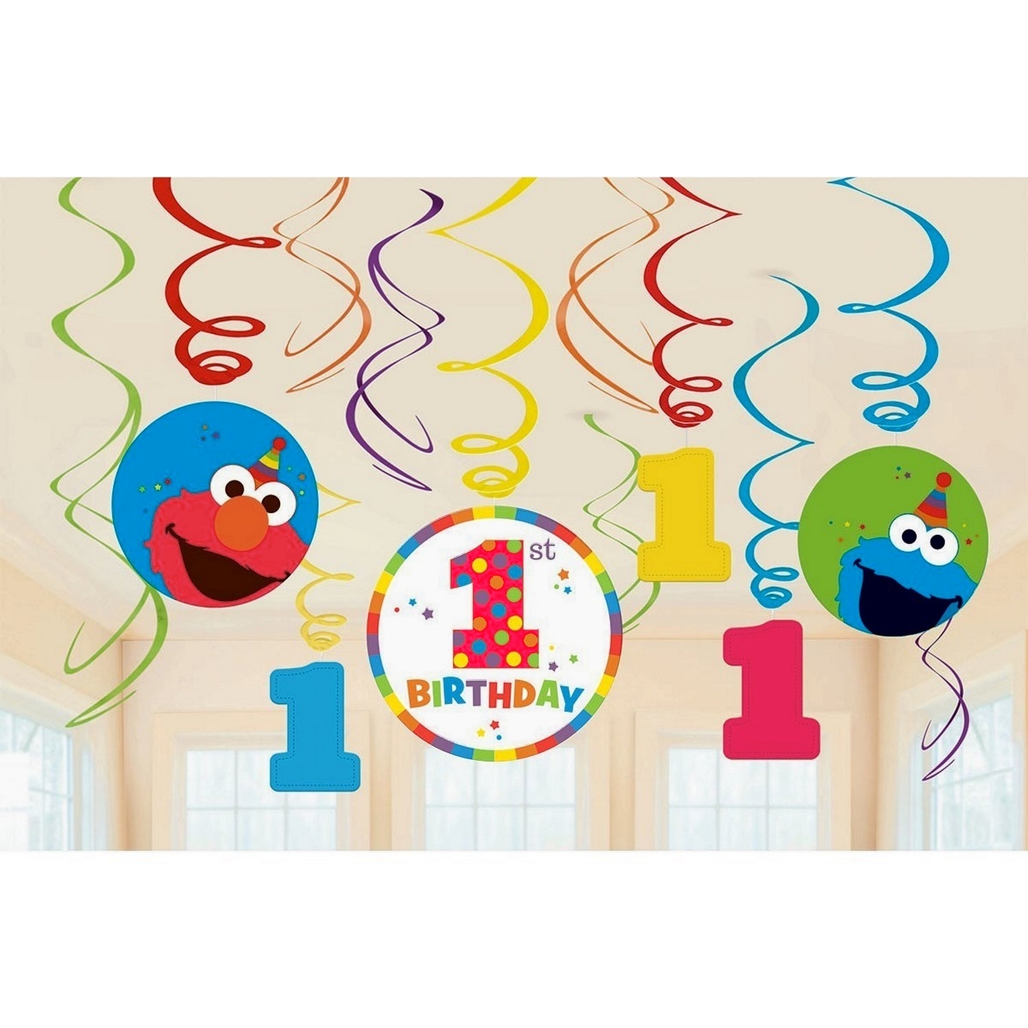 Elmo Turns One Swirl Decorations (Pack of 12)