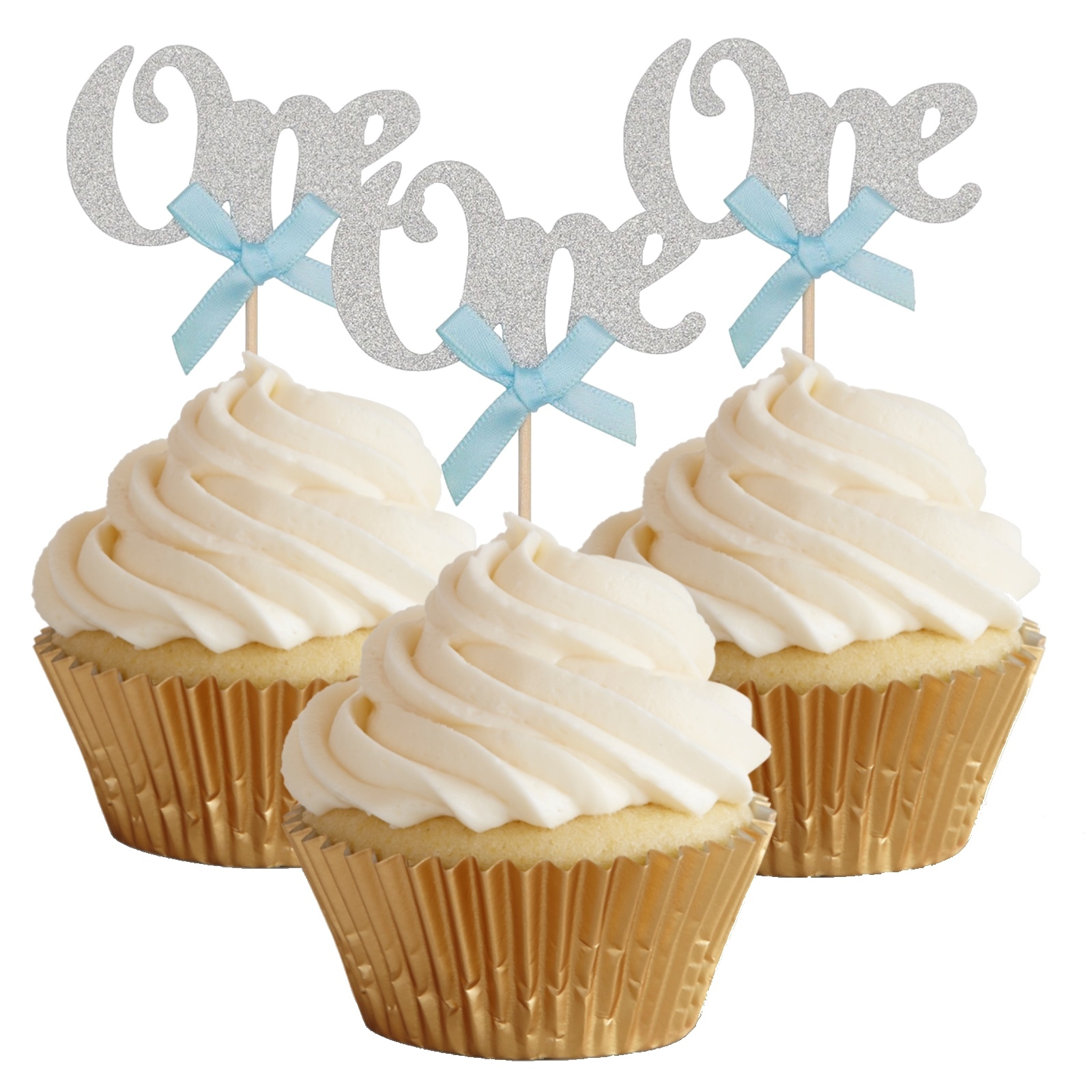 Boys 1st Birthday One Silver Glitter Cupcake Picks (Pack of 10)