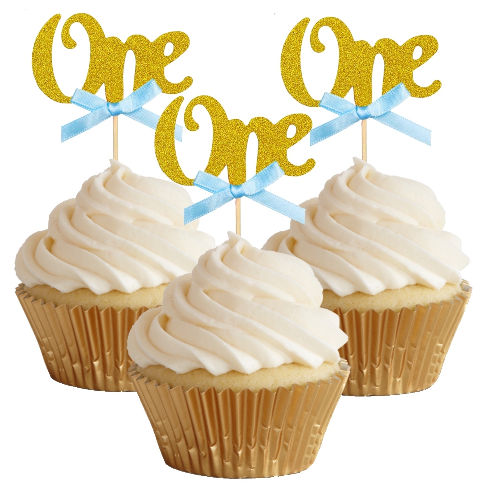 Boys 1st Birthday One Gold Glitter Cupcake Picks (Pack of 12)