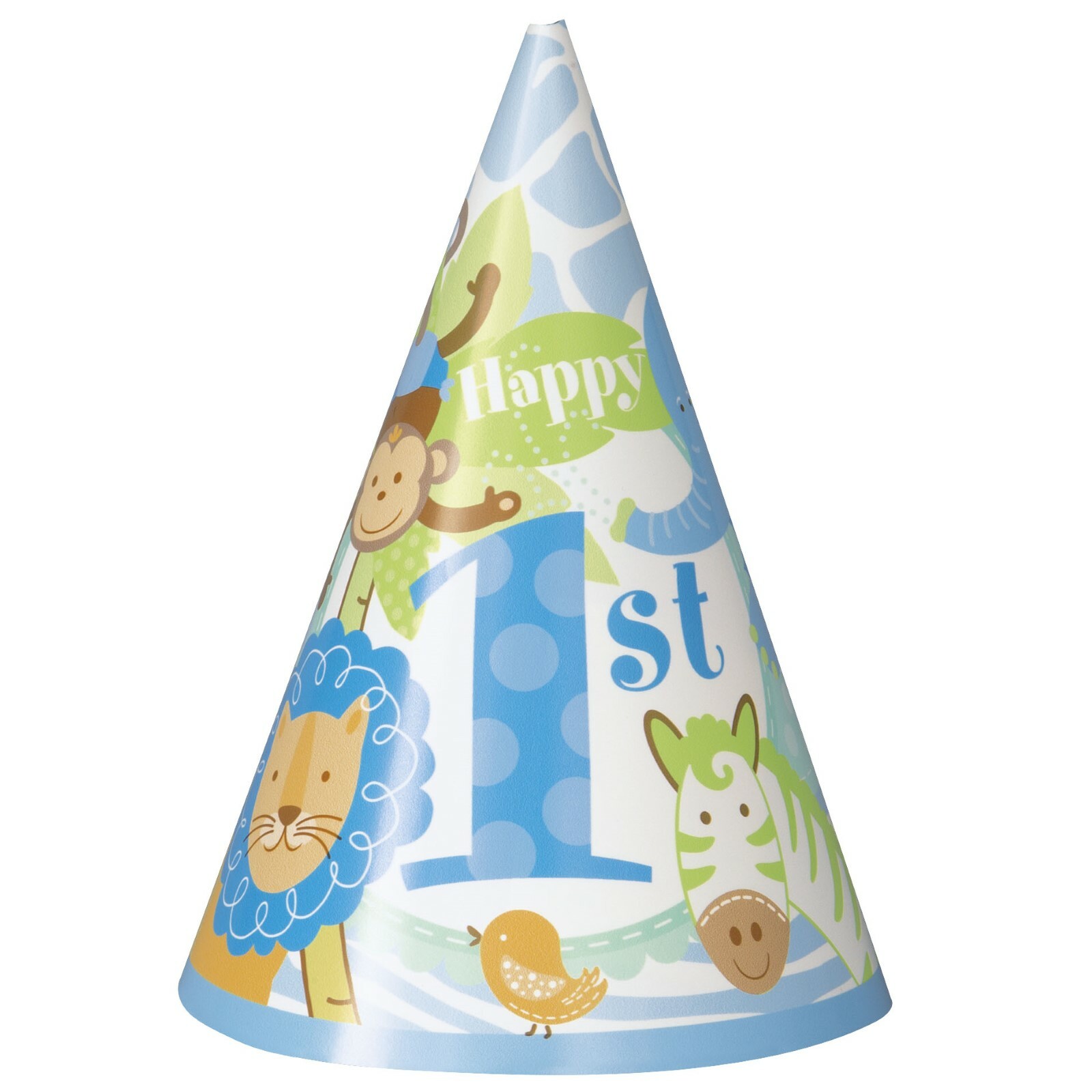 Blue Safari 1st Birthday Party Hats (Pack of 8)