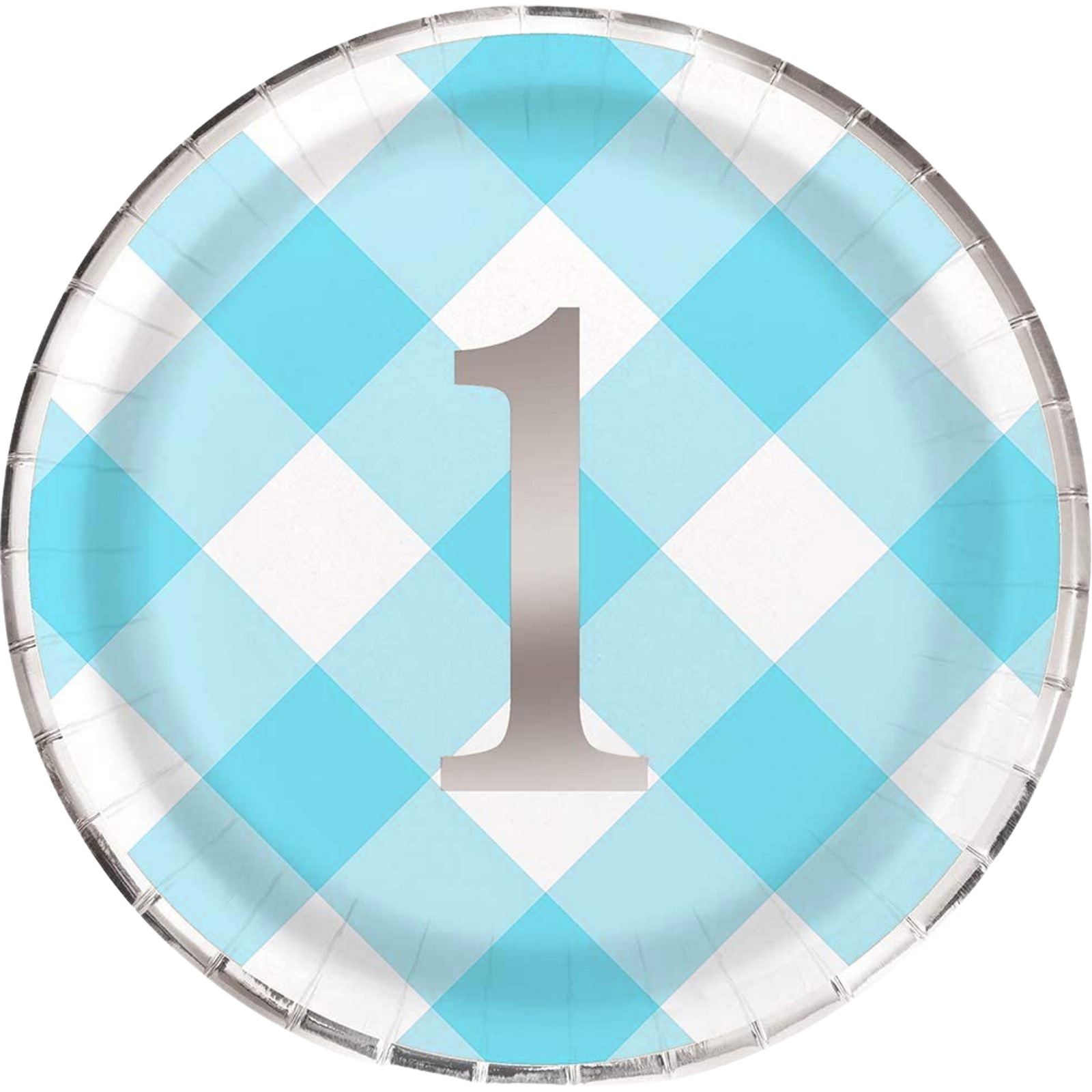 Blue Gingham 1st Birthday Boy Large Paper Plates (Pack of 8)