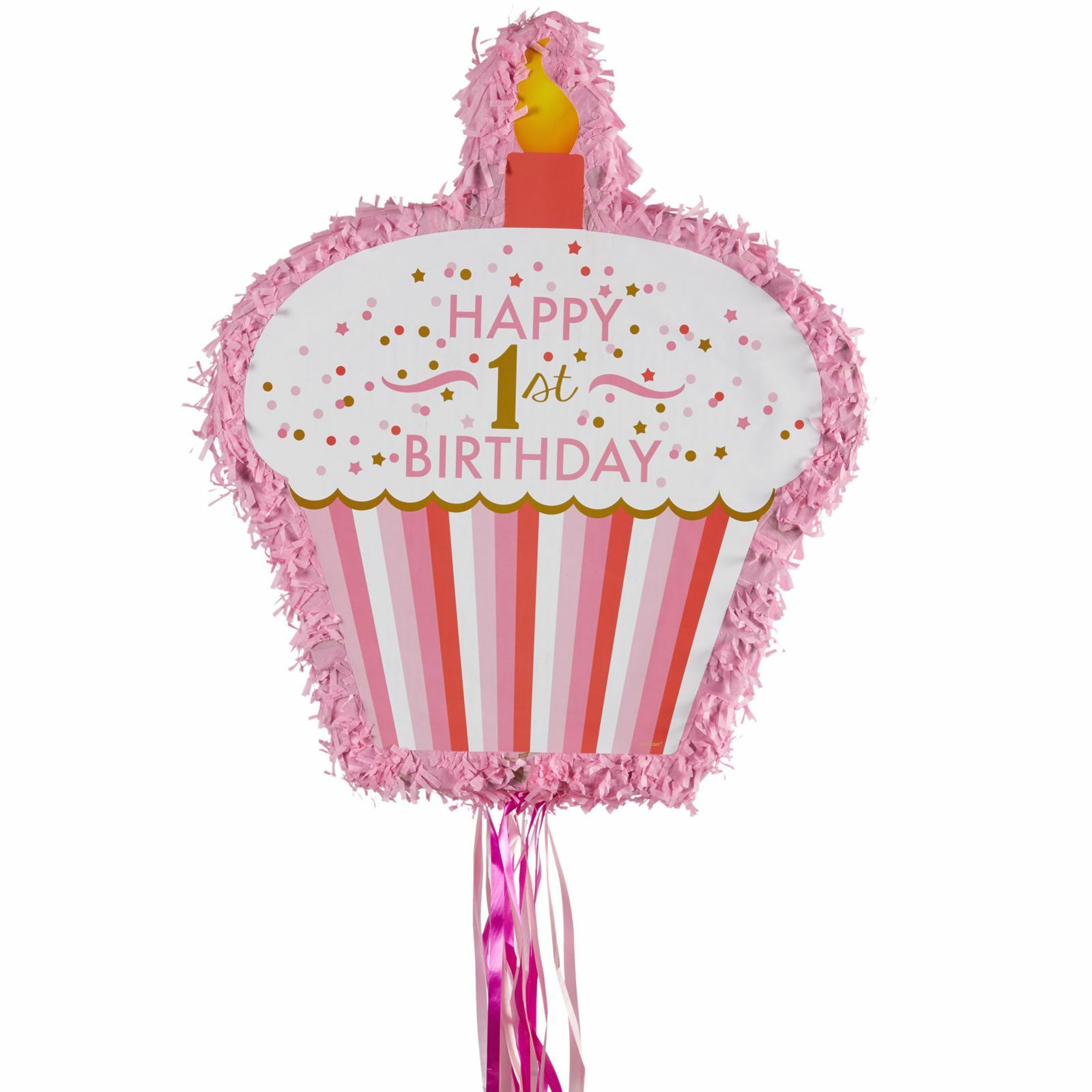 Pink 1st Birthday Cupcake Pull String Pinata