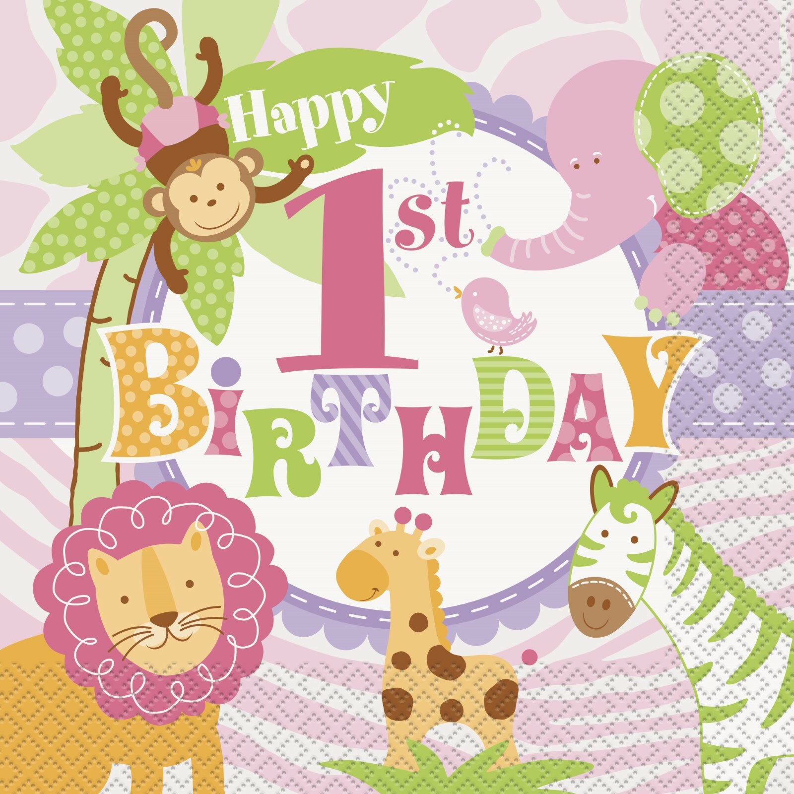 Pink Safari 1st Birthday Large Napkins / Serviettes (Pack of 20)