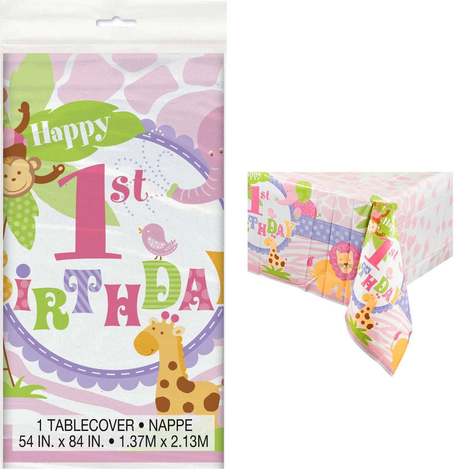 Pink Safari 1st Birthday Plastic Tablecloth