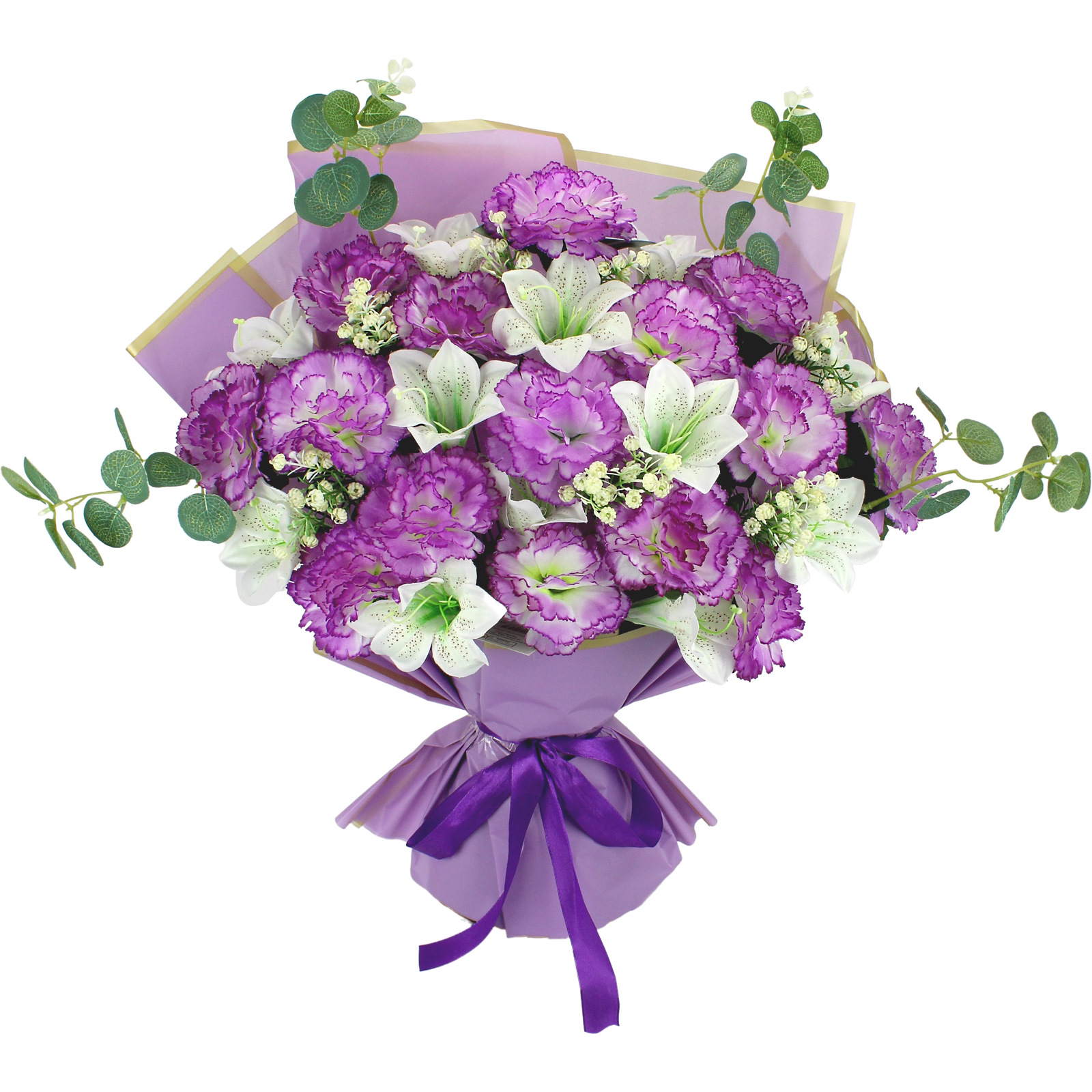 Artificial White Lilies & Purple Carnations Floral Bouquet