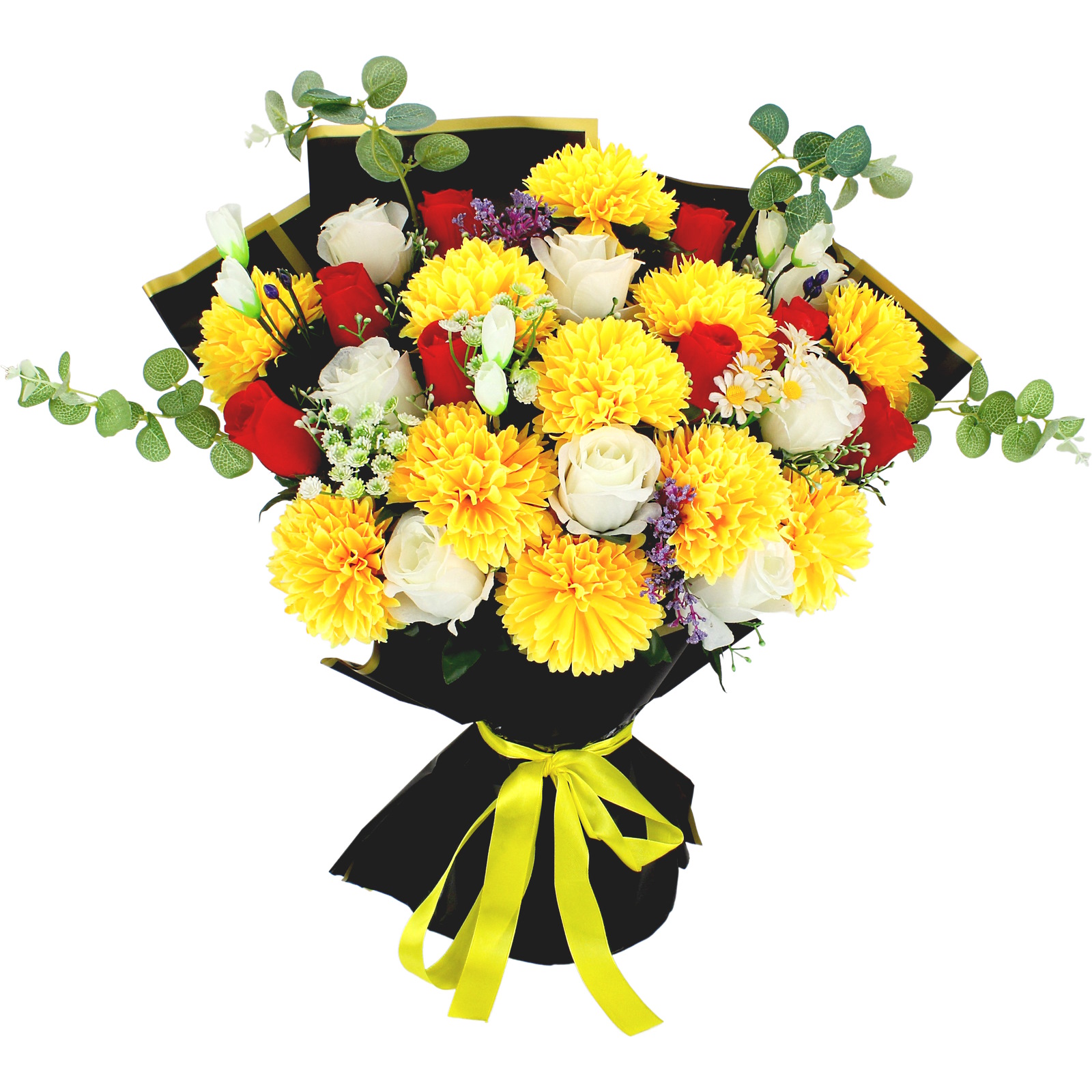 Artificial Mixed Roses, Daisies & Yellow Marigolds Floral Bouquet