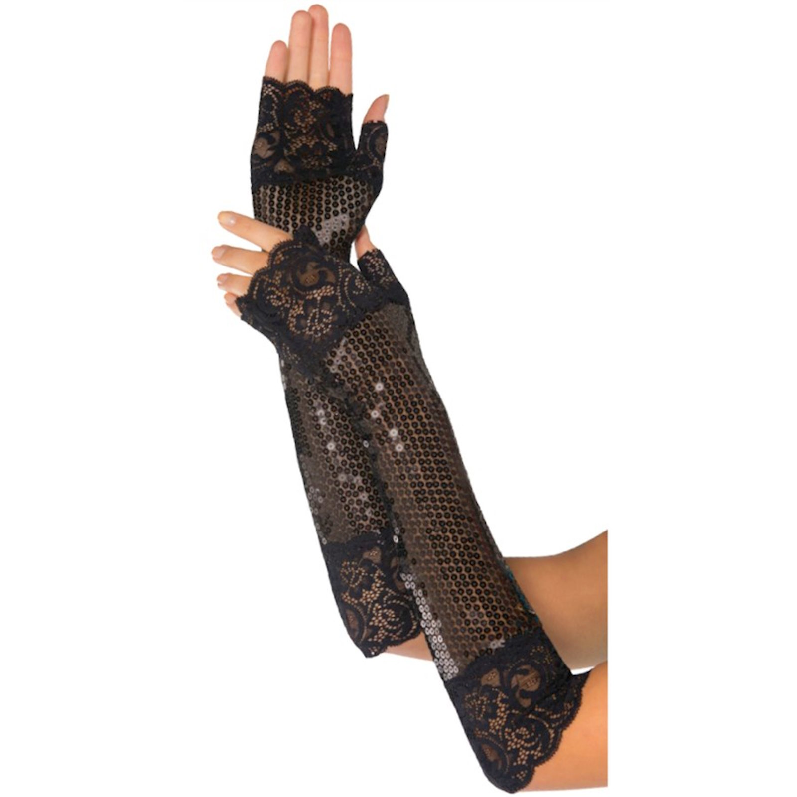 Roaring 20's Fancy Sequin Long Black Fingerless Gloves