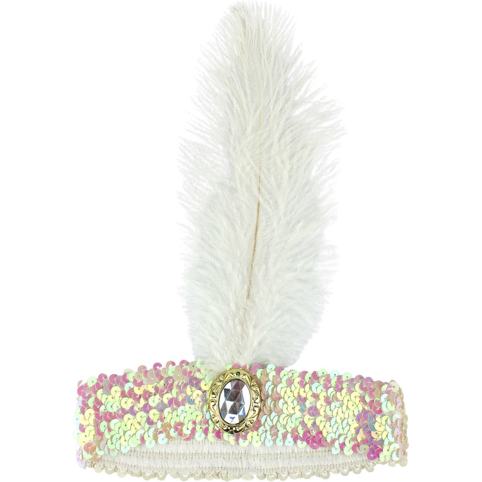 20's Iridescent White Sequin Feather & Jewel Flapper Headband 