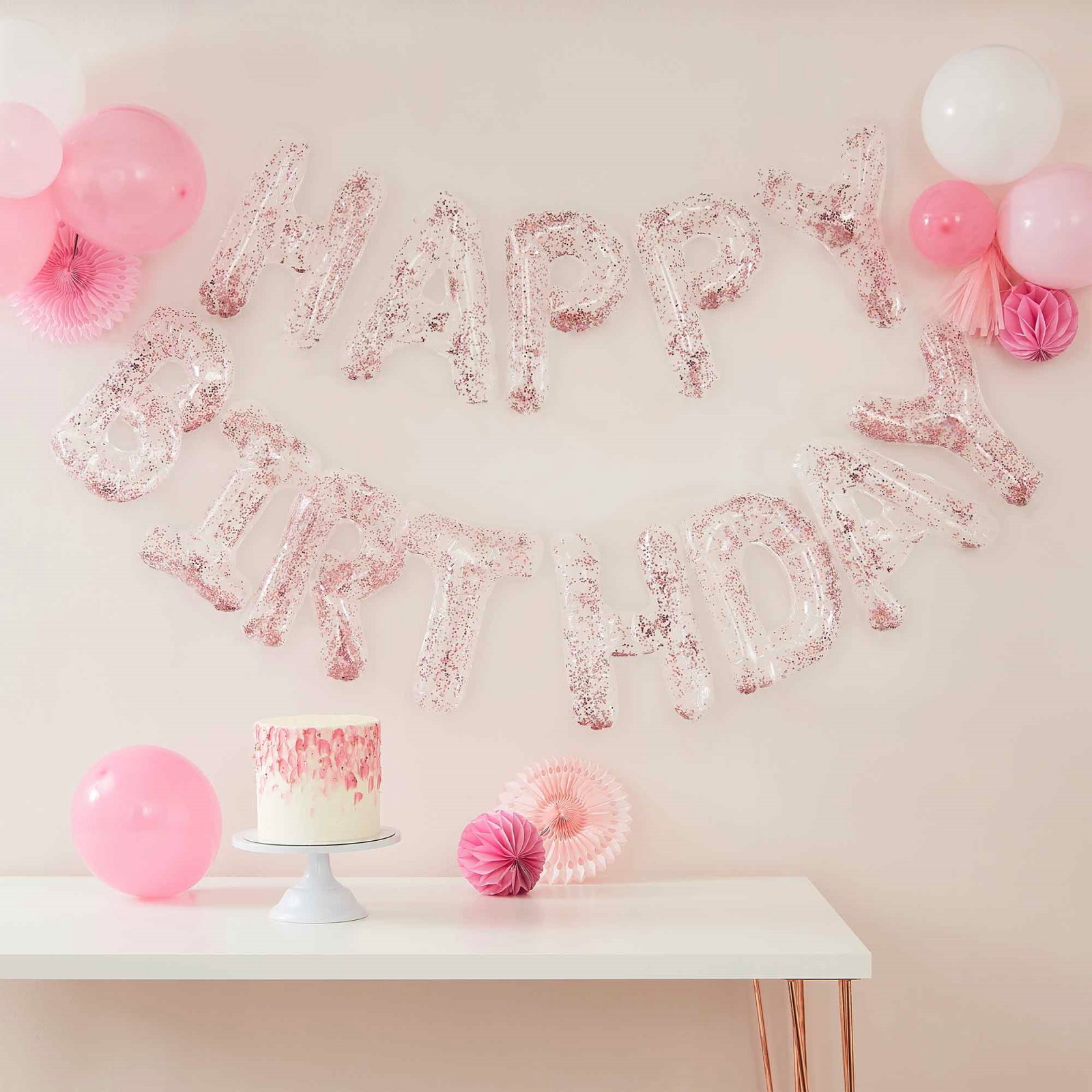 Ginger Ray Mix It Up Clear Happy Birthday Balloon Letter Banner With Rose Gold Confetti