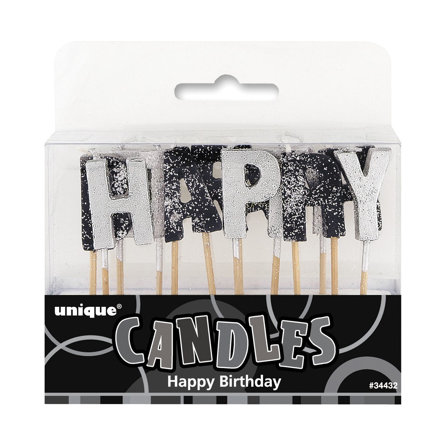 Glitz Black and Silver Happy Birthday Candles