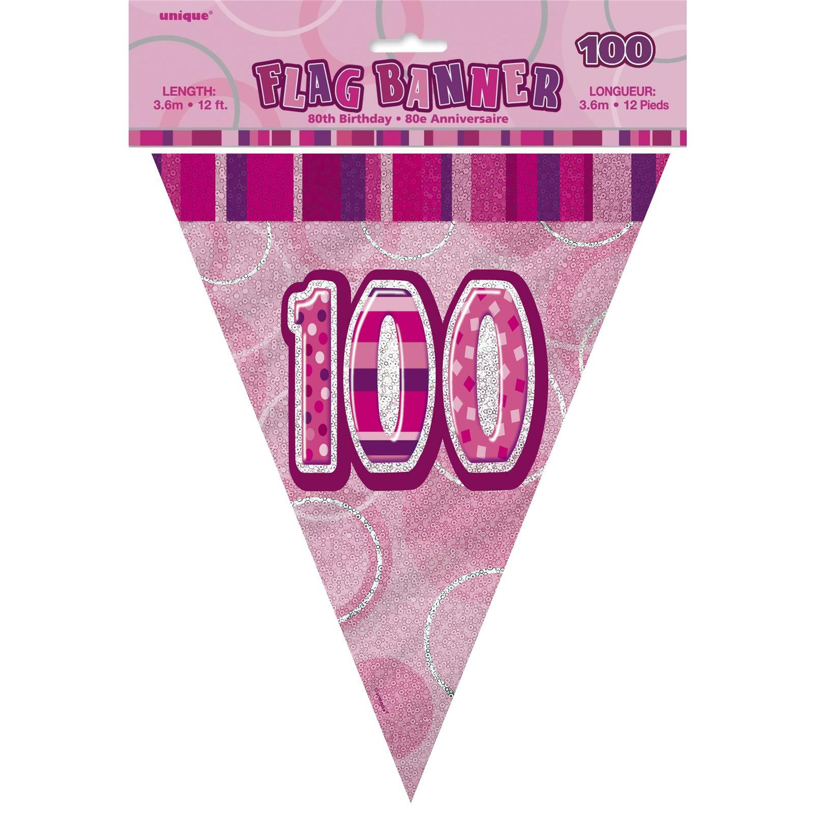Glitz Pink 100th Birthday Flag Banner