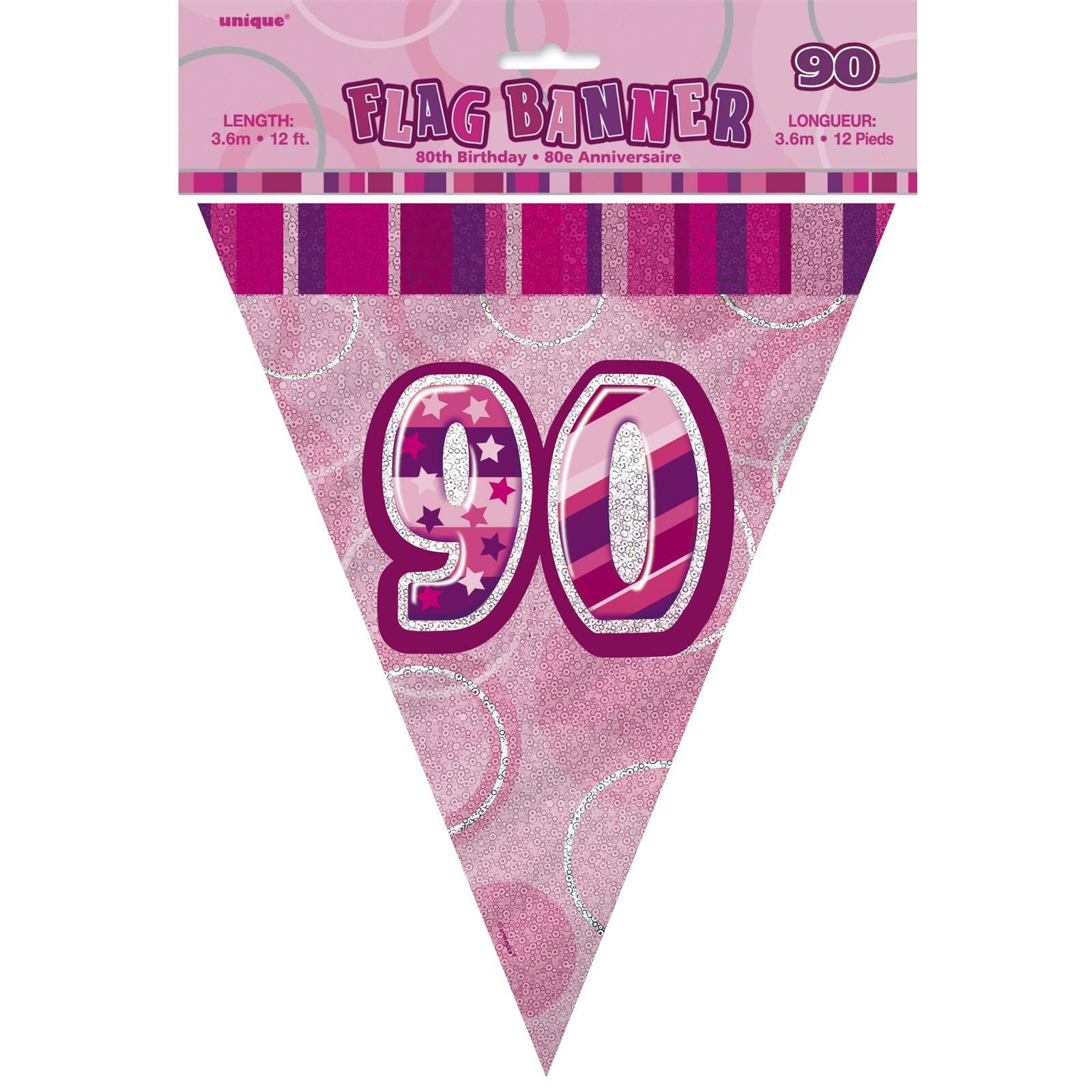 Glitz Pink 90th Birthday Flag Banner