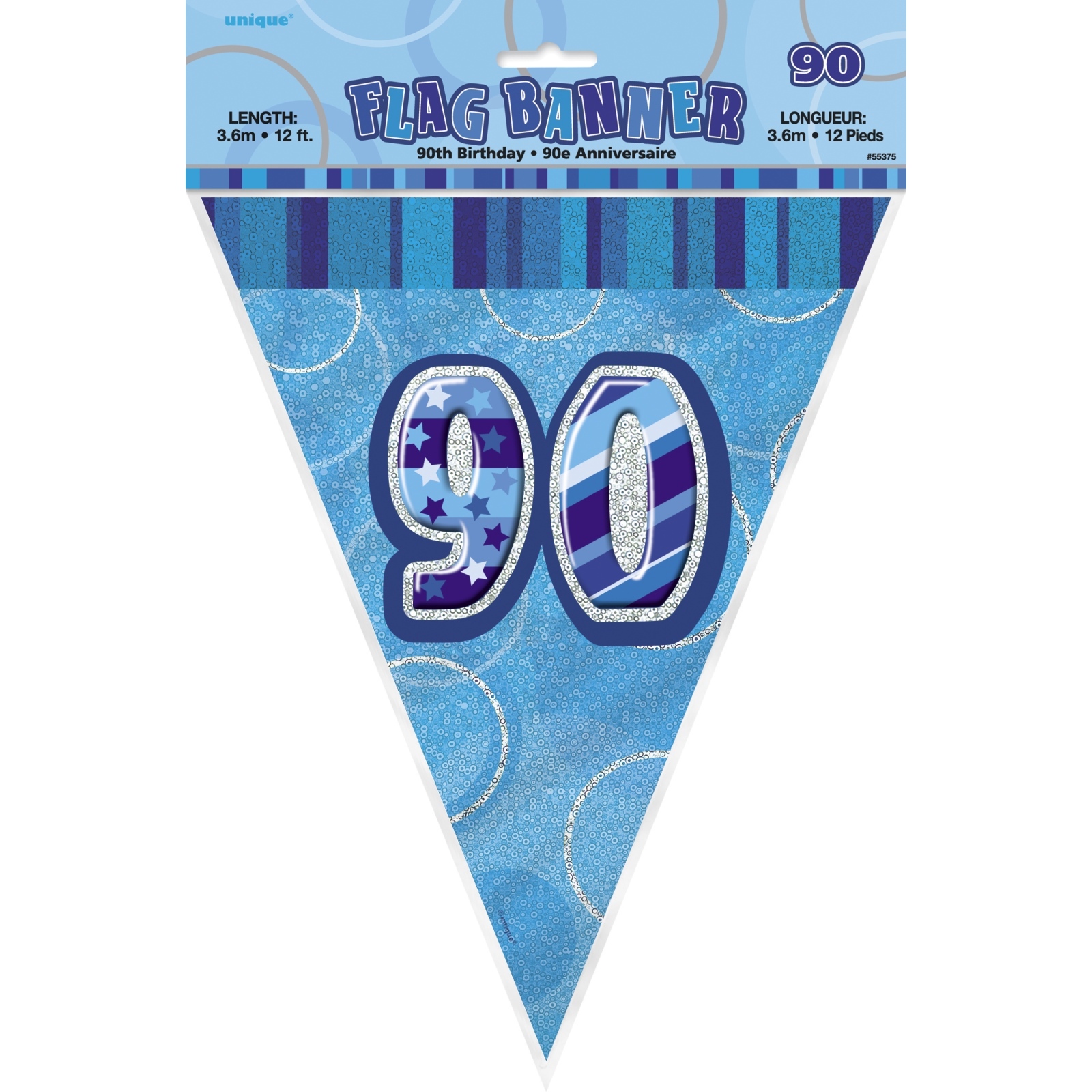 Glitz Blue 90th Birthday Flag Banner