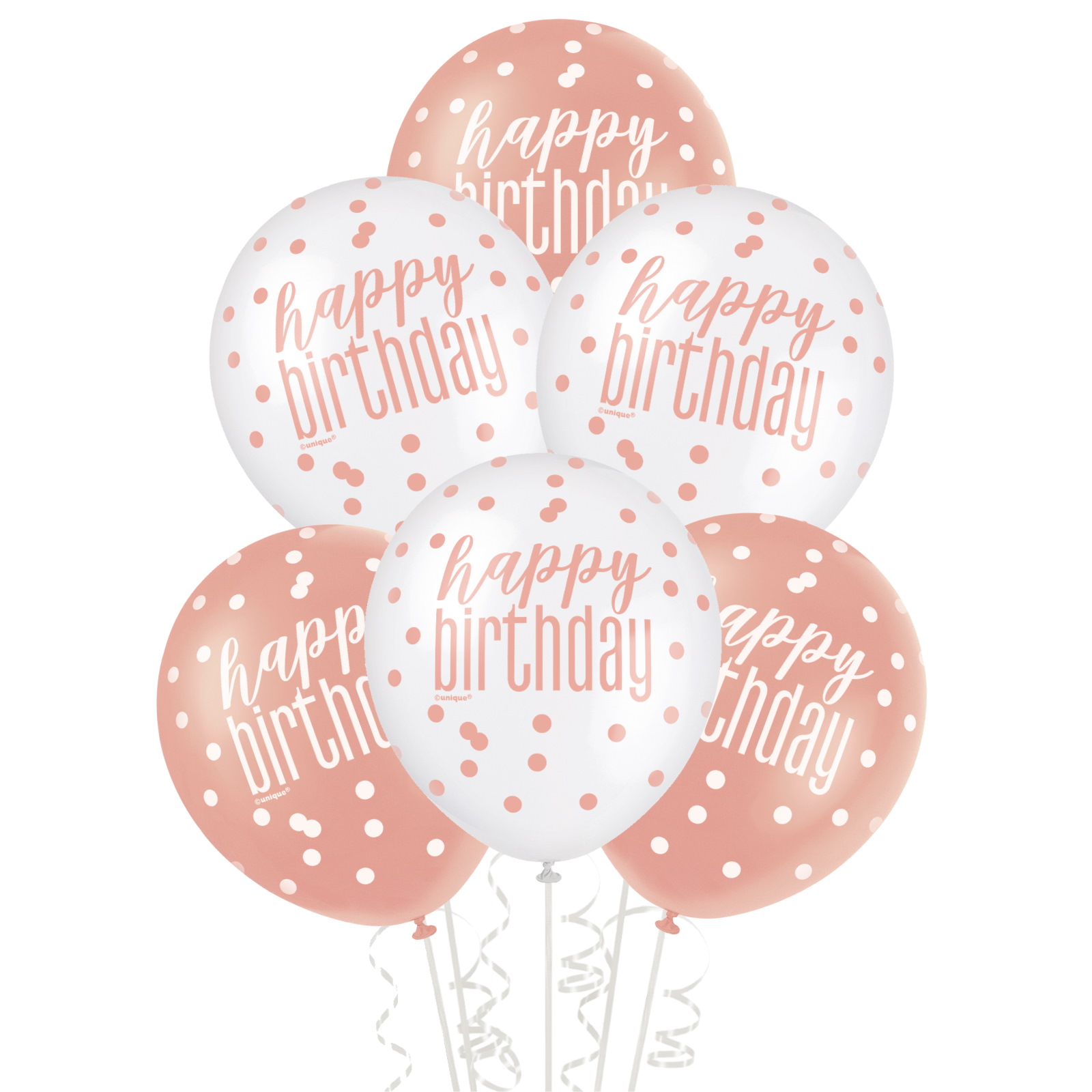 Rose Gold & White Happy Birthday Balloons (Pack of 6)
