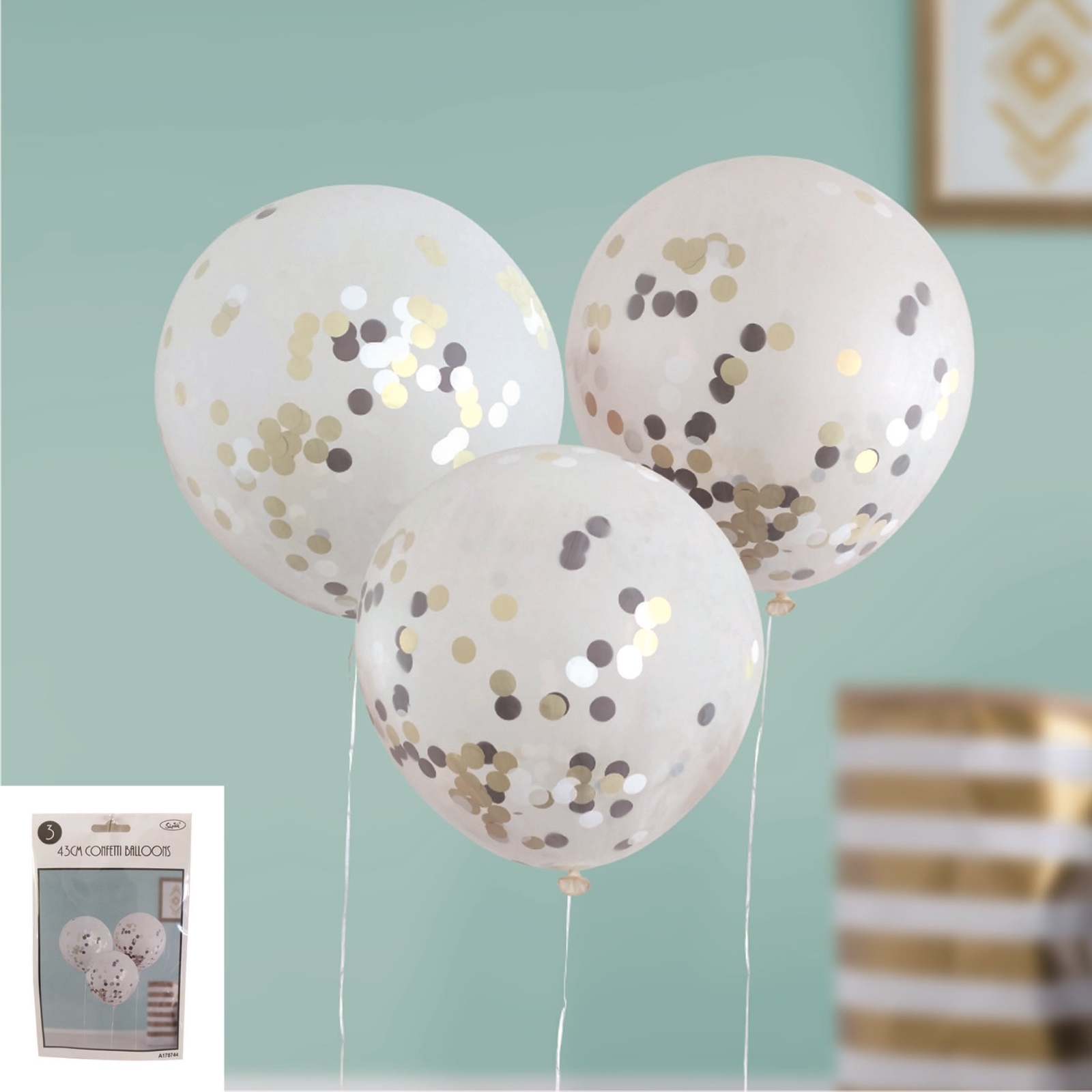 Black Gold and White Confetti Balloons 43cm (Pack of 3)
