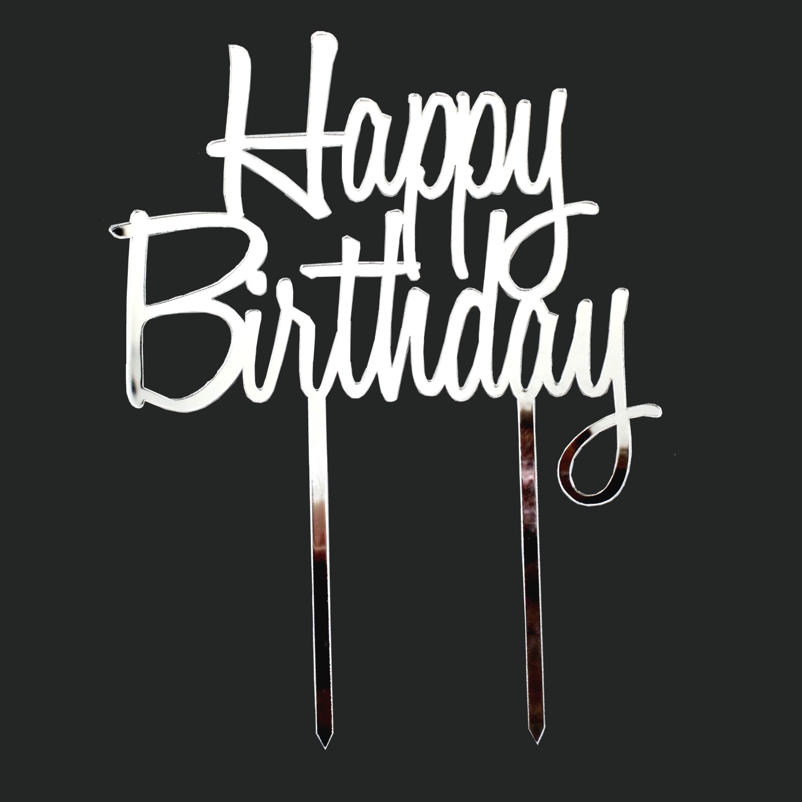 Happy Birthday Silver Mirror Cake Topper