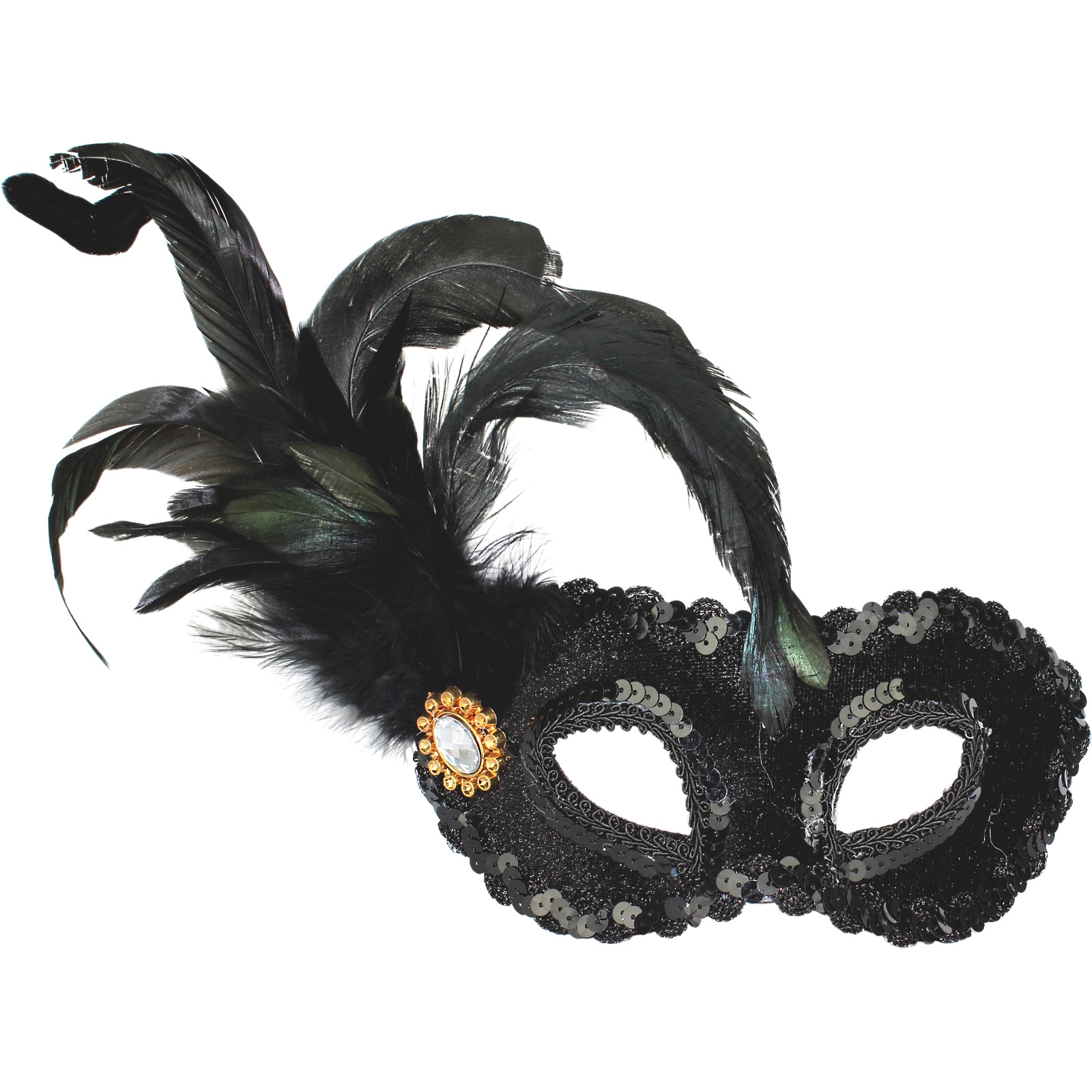 Black Feather & Sequin Masquerade Mask