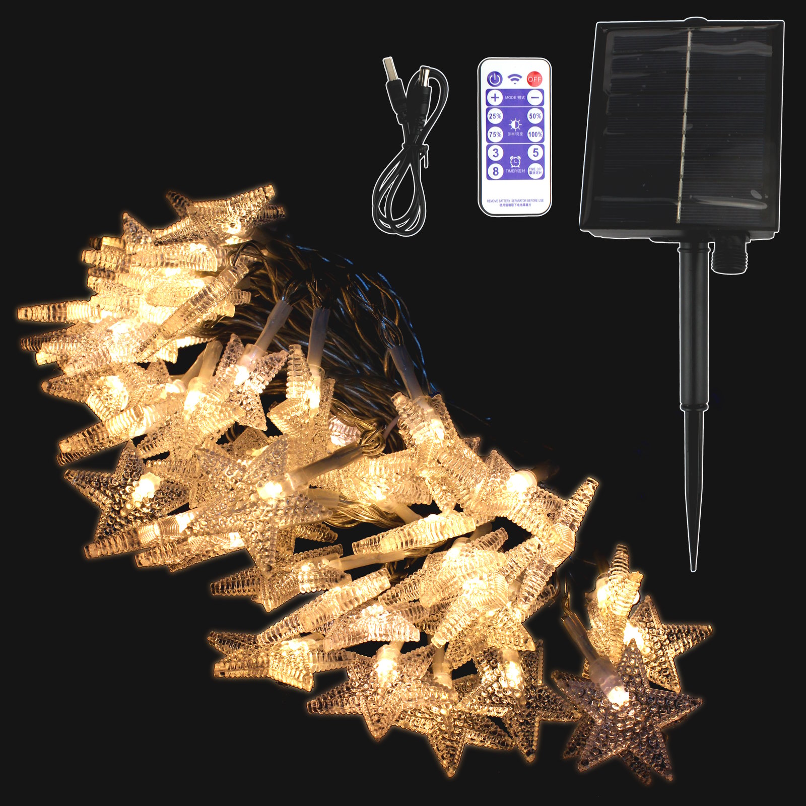 Solar Stars Warm White LED String Lights 