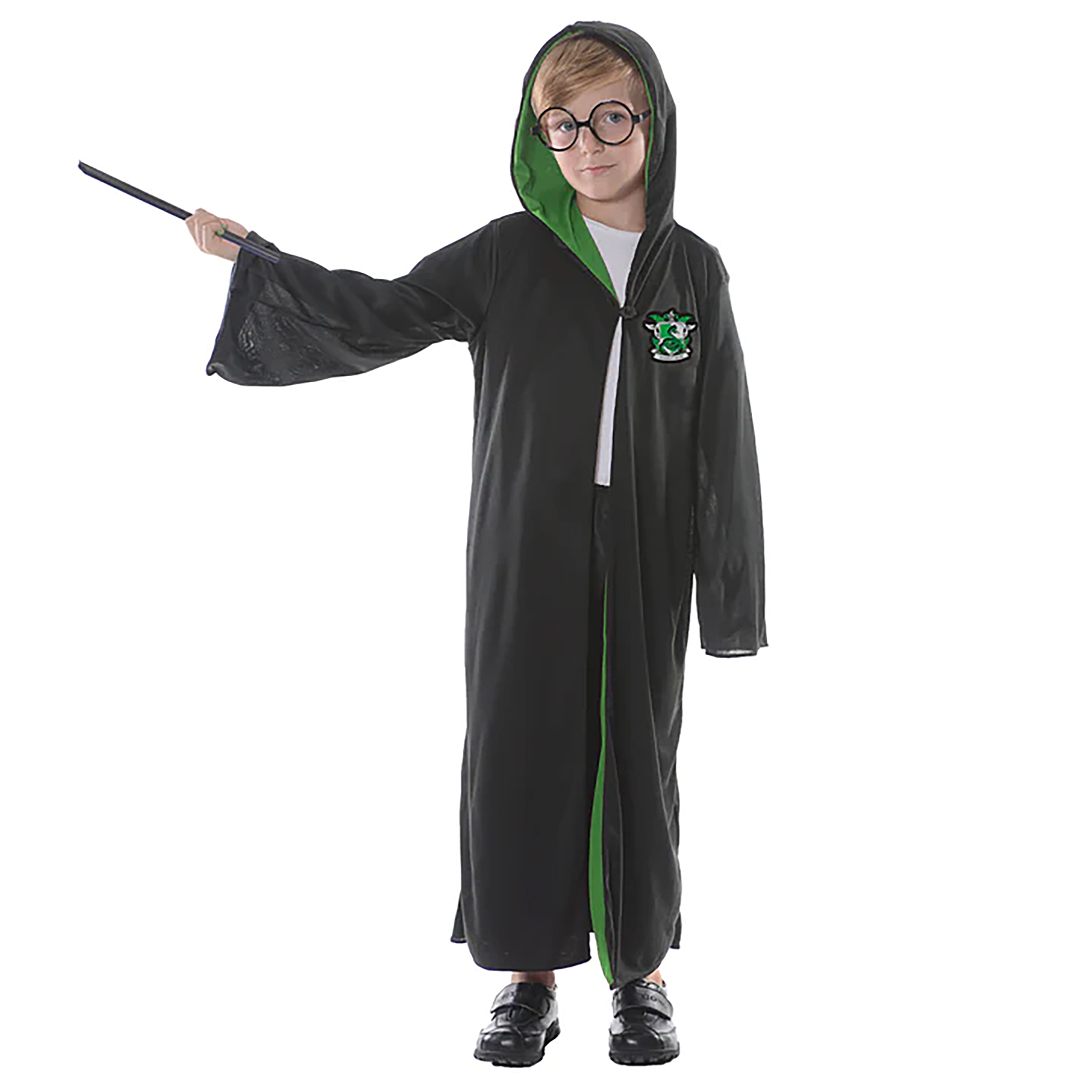 Green Hooded Wizard Robe With Glasses (6-9 Years)