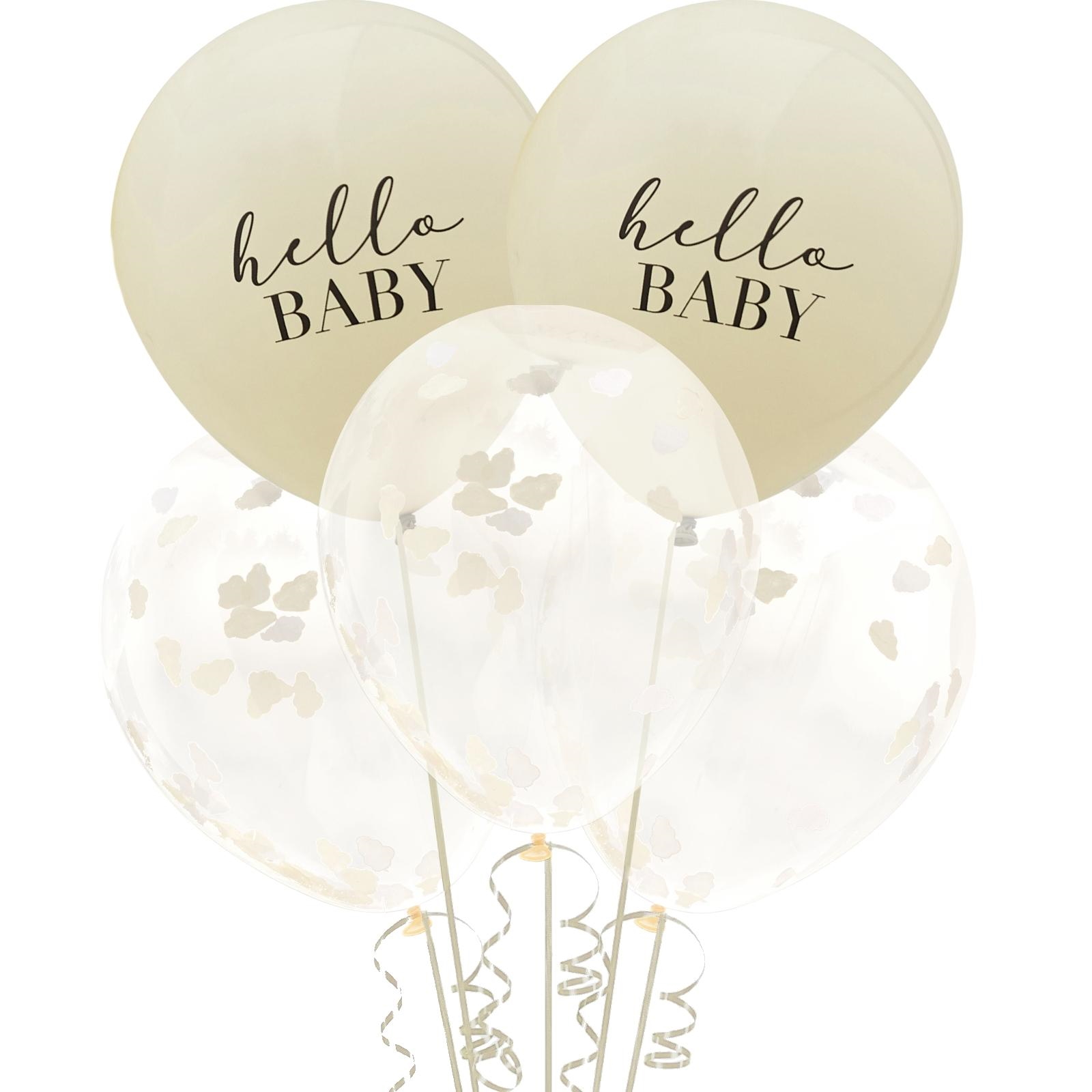 Ginger Ray Taupe Hello Baby & Clear Cloud Confetti Filled Balloons (Pack of 5)