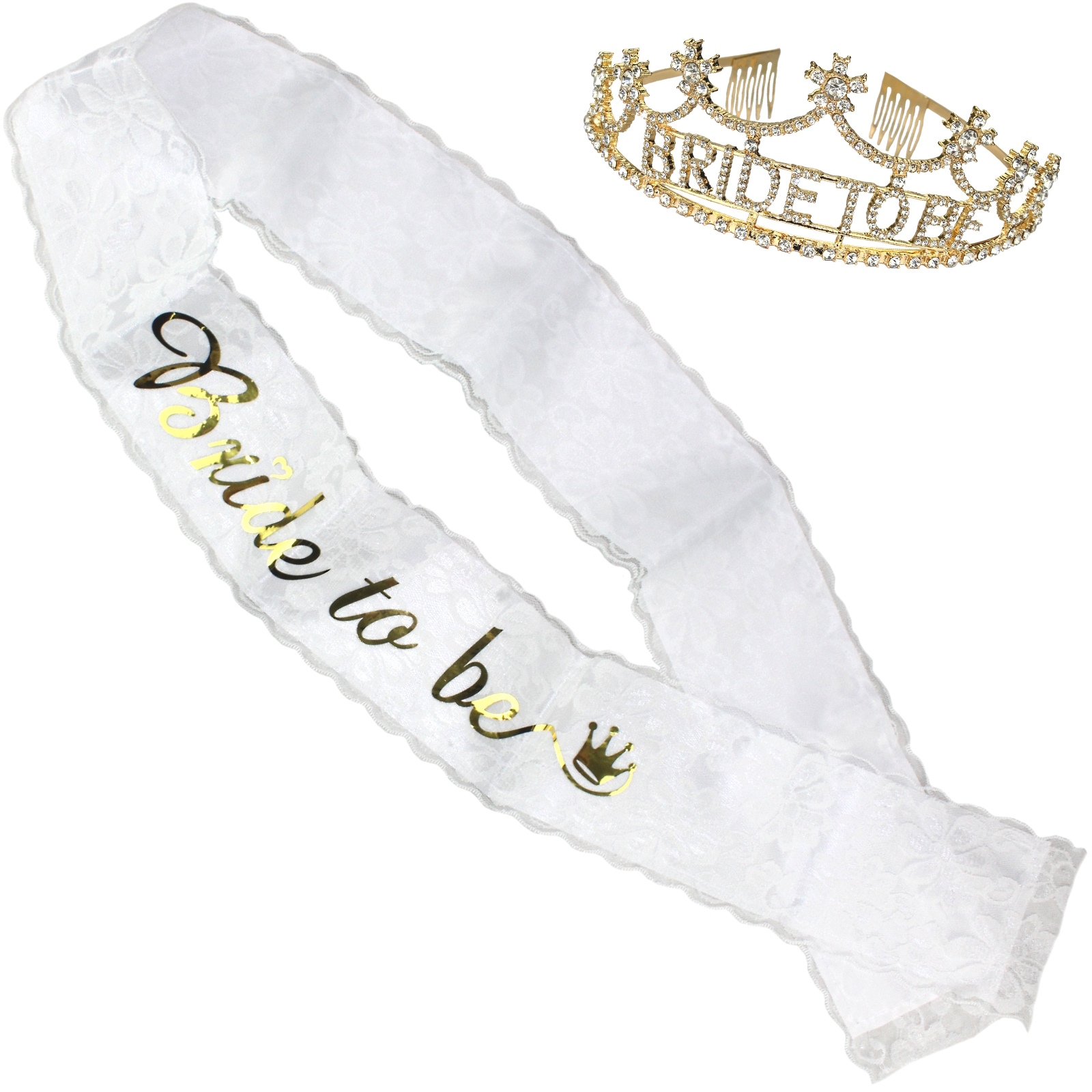 Gold Bride to Be Diamante Tiara and Lace Sash Set