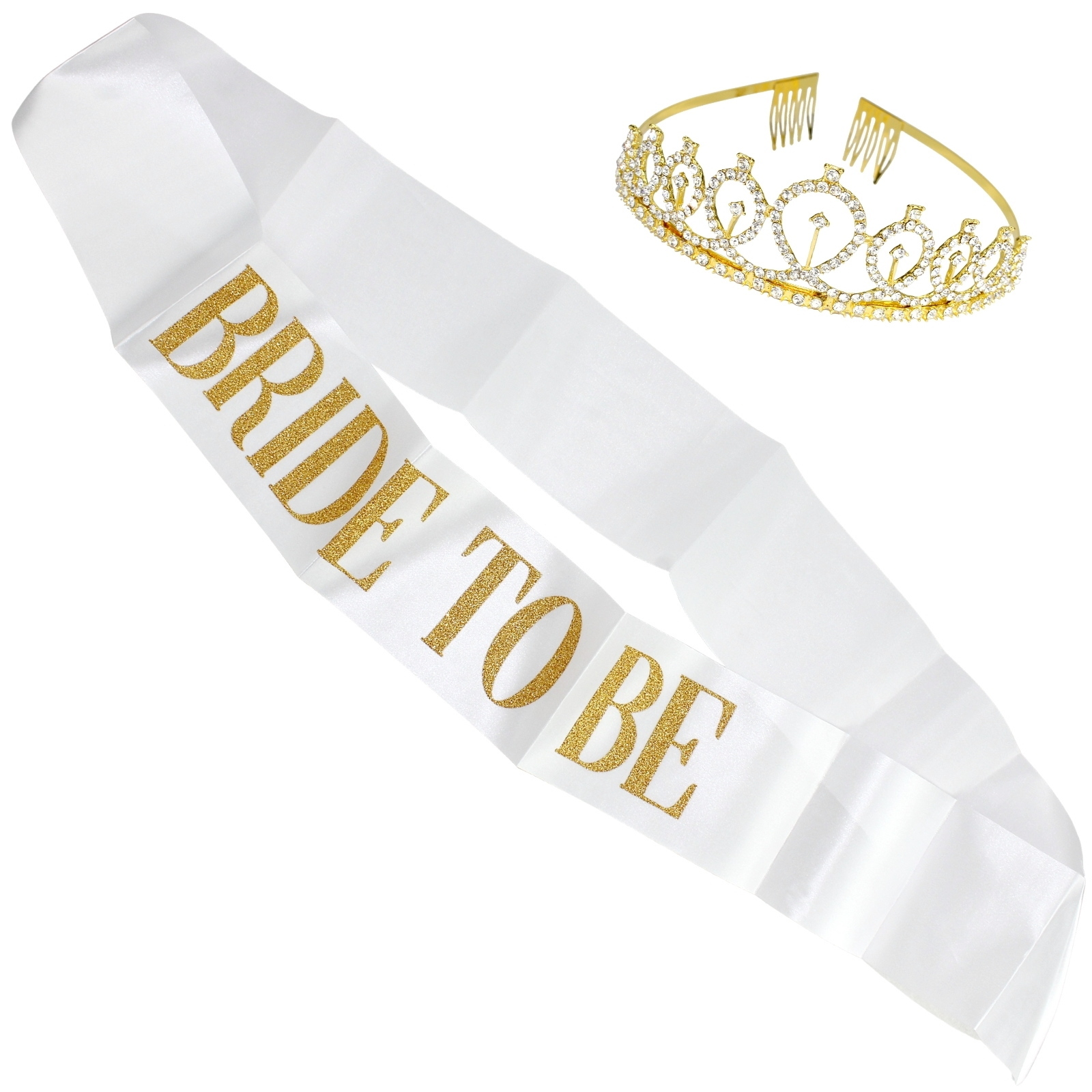 Gold Tiara & Bride To Be Glitter Sash Set