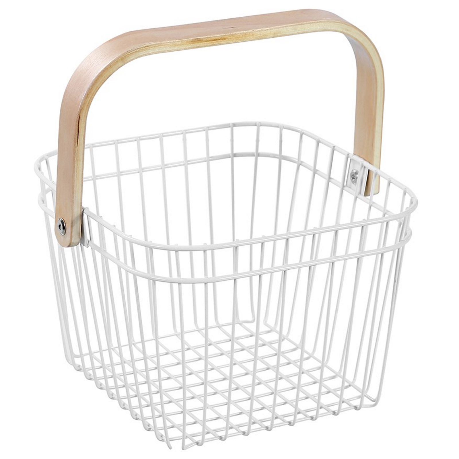 Boxsweden White Wire Storage Basket With Birch Handle 24cm x 24cm x 17cm 