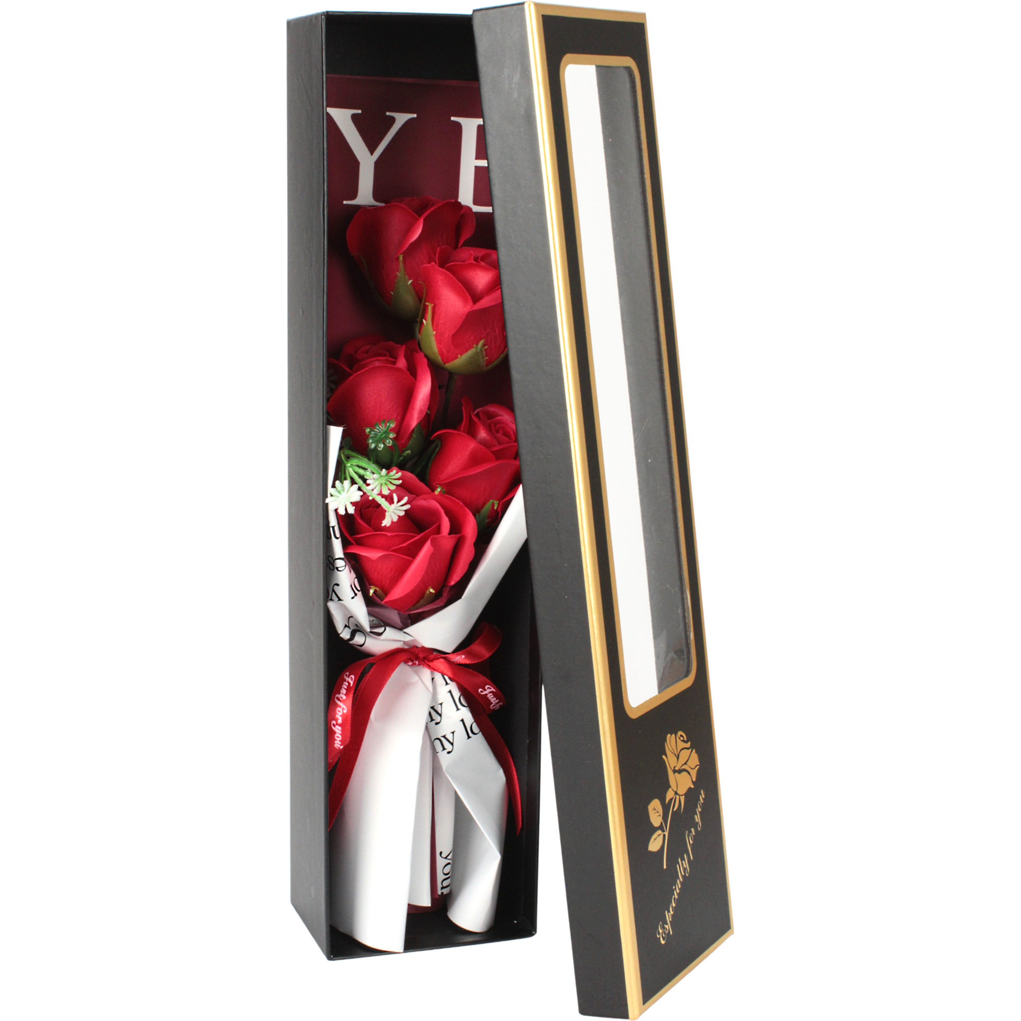 Artificial Red Roses In Black Window Box (5 Stems)