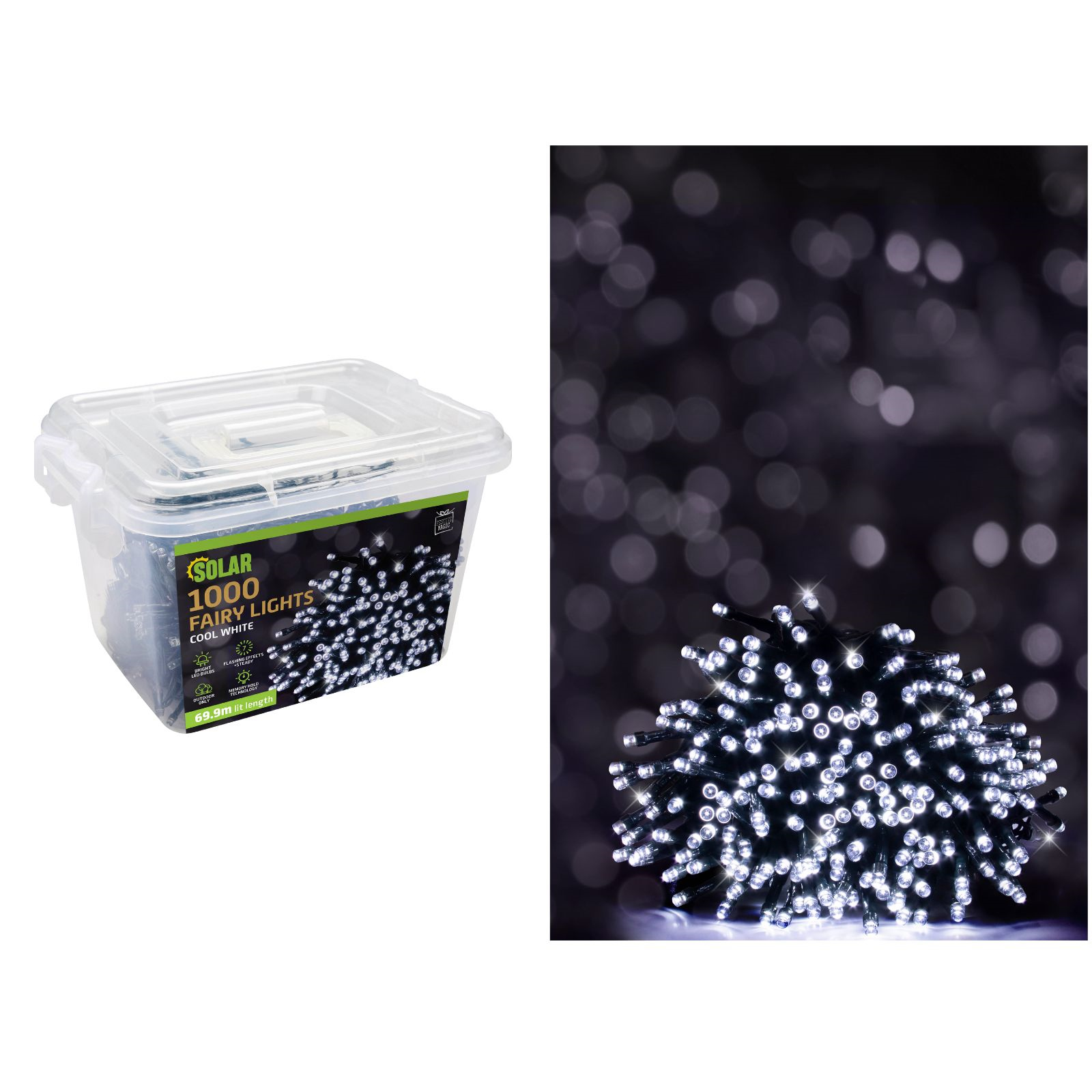 1000 Cool White LED Solar Fairy Lights 69.9m 