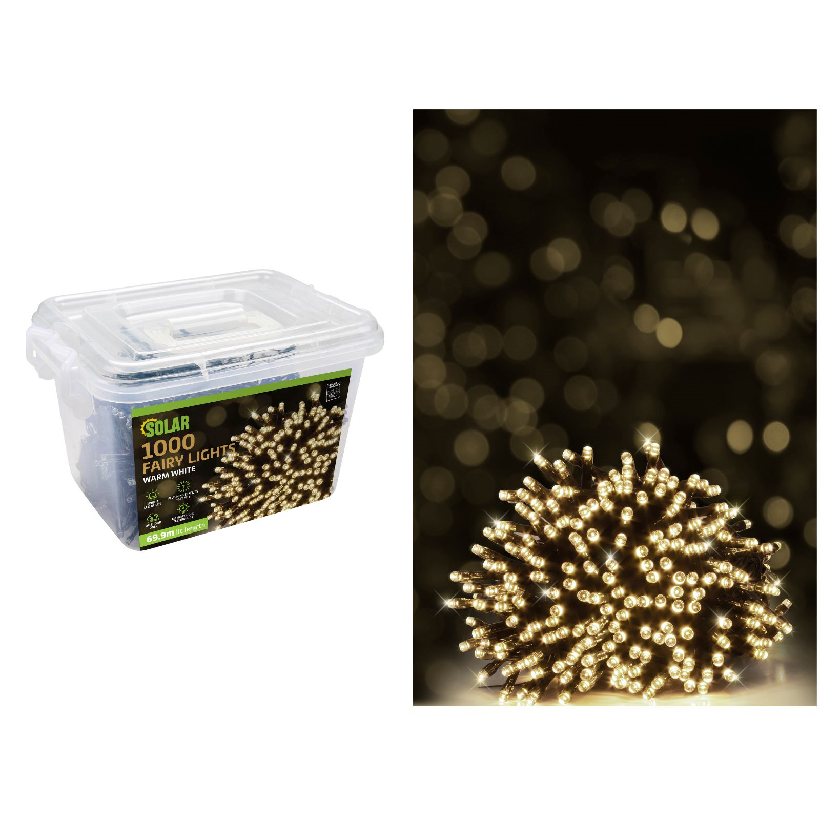 1000 Warm White LED Solar Fairy Lights 69.9m