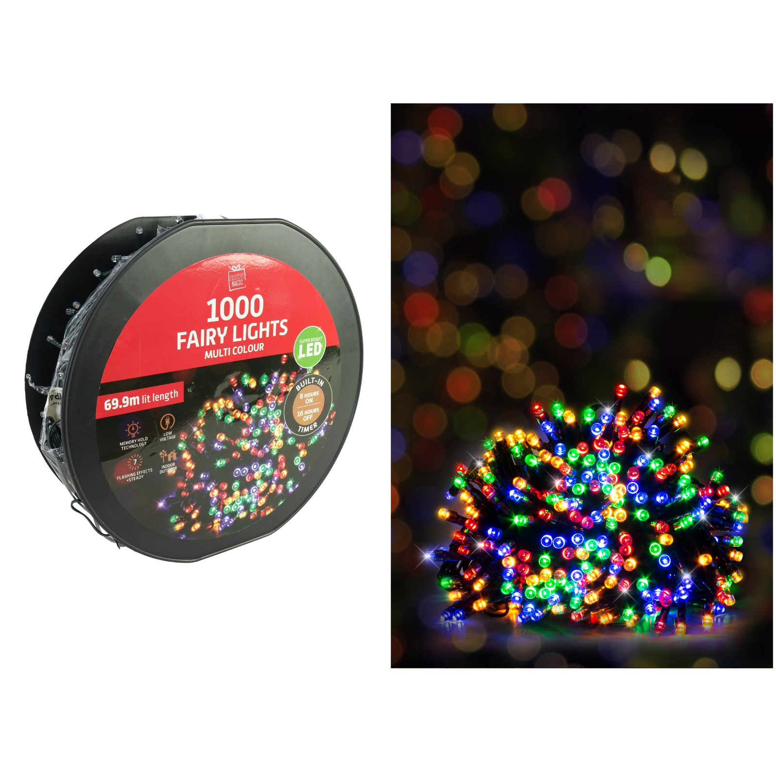 1000 Multicolour LED 7 Function Fairy Lights 69.9m 