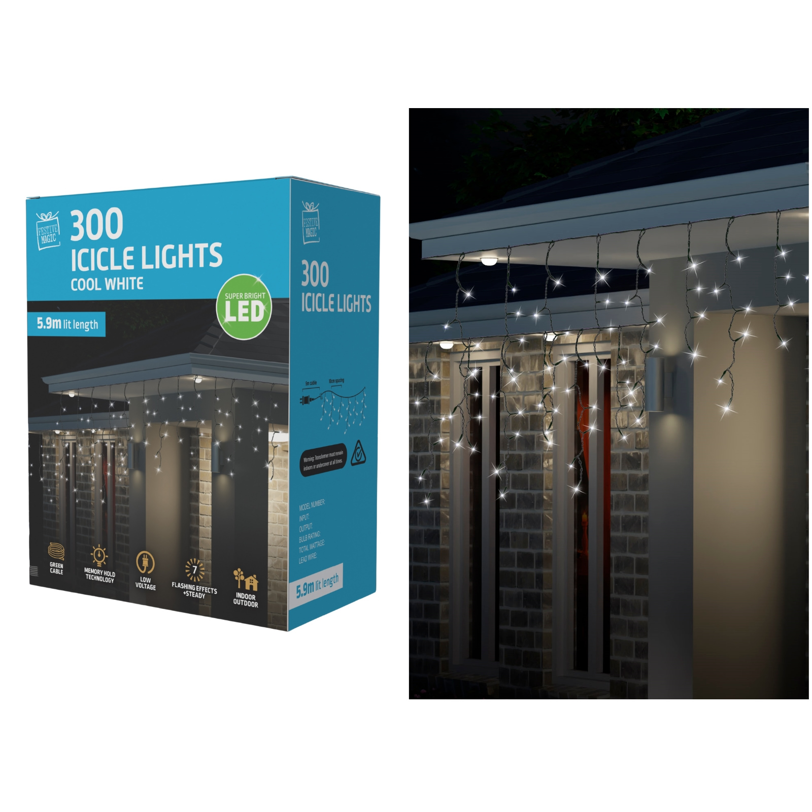 300 Cool White LED Icicle Lights 5.9m 