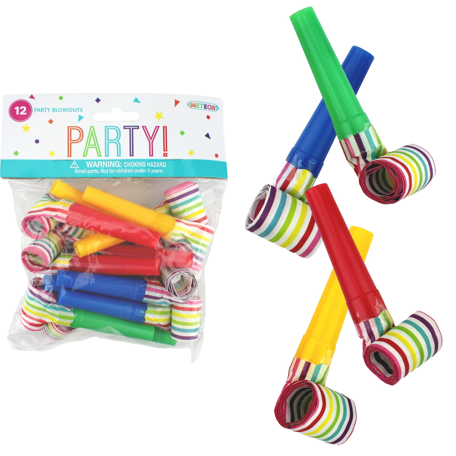 Rainbow Striped Party Blowers (Pack of 12)
