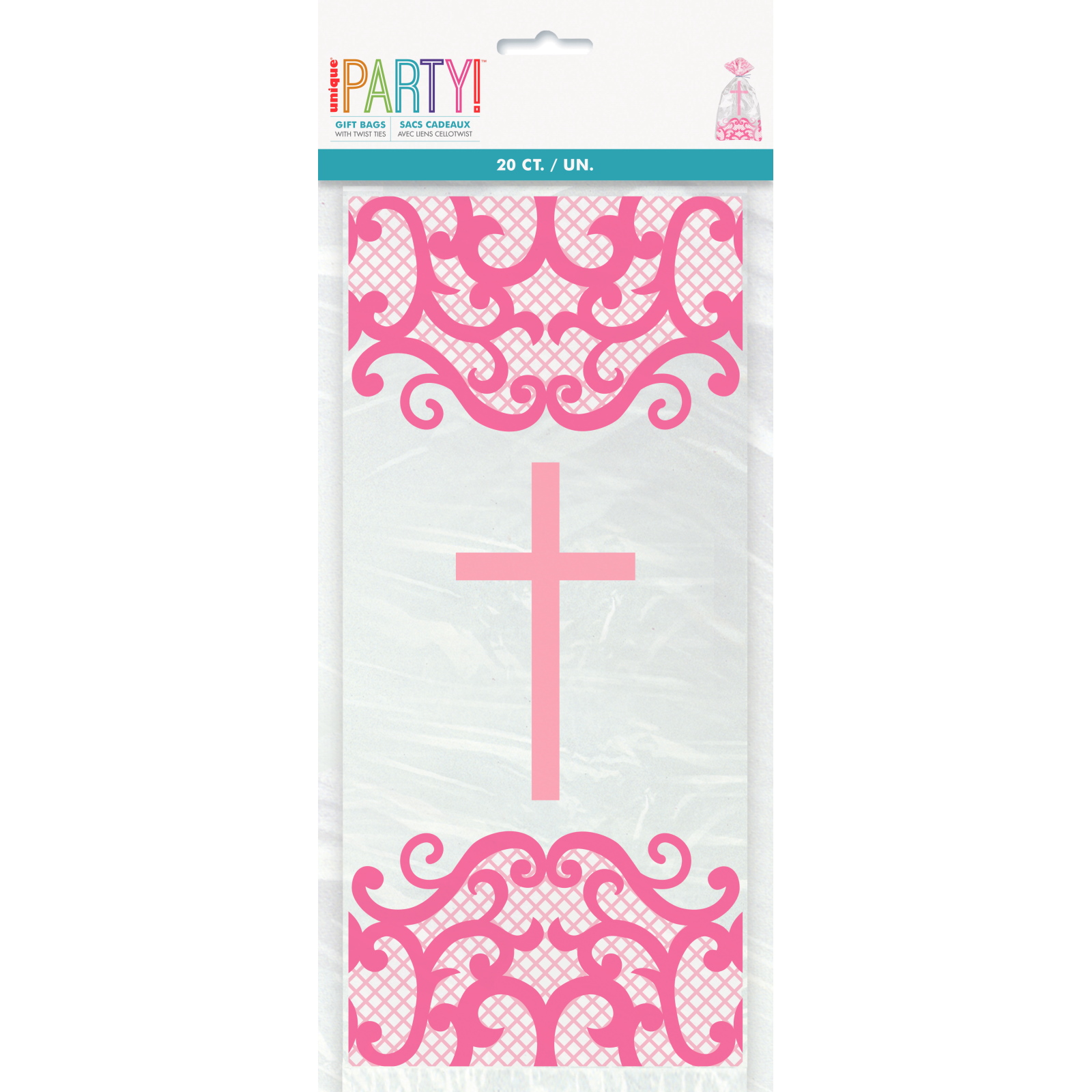 Fancy Pink Cross Cellophane Treat Bags (Pack of 20)