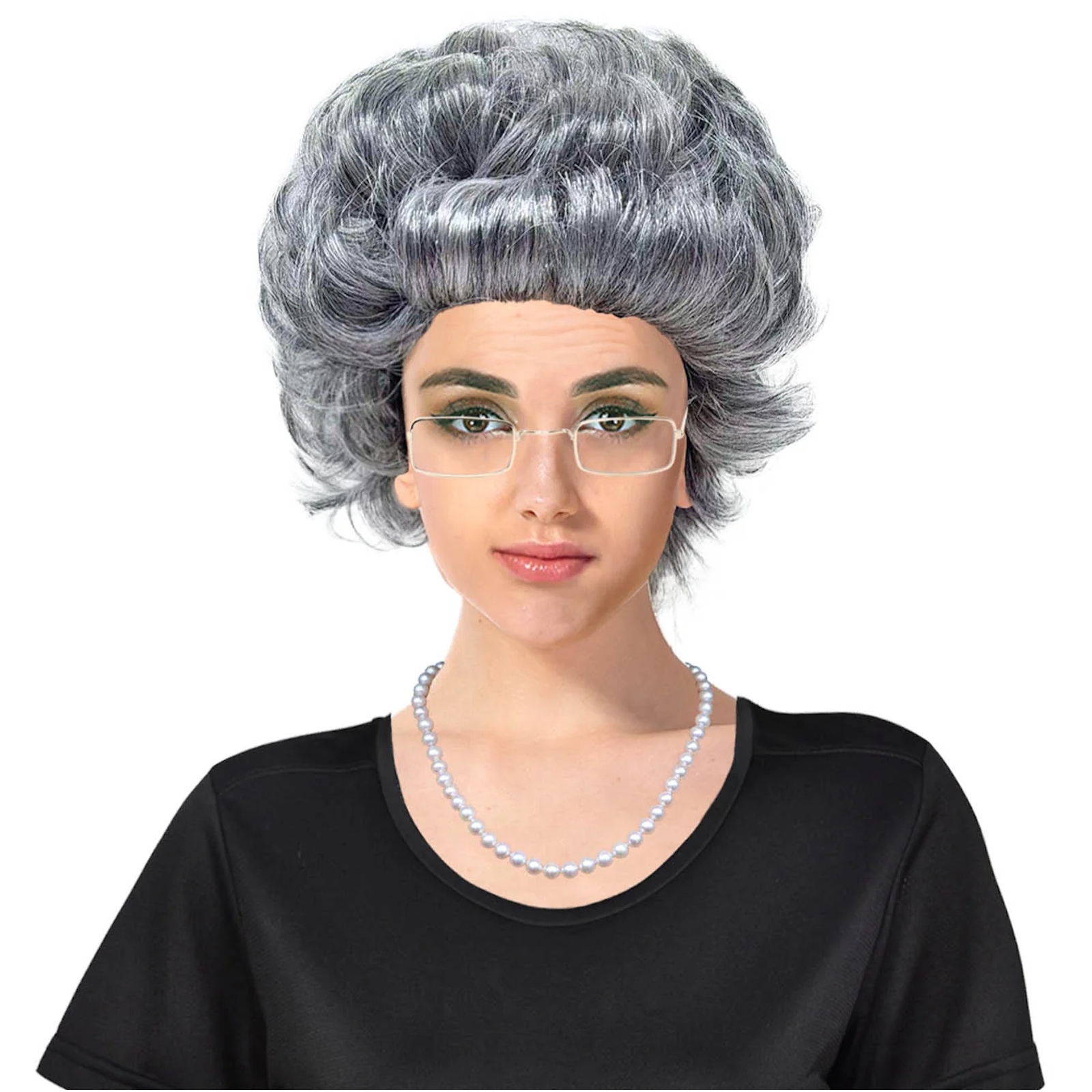 Short Grey Grandma Wig, Glasses and Necklace Set 
