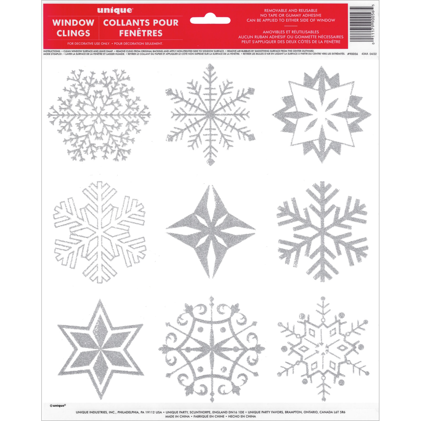 Sliver Glitter Snowflake Window Clings (Pack of 9)