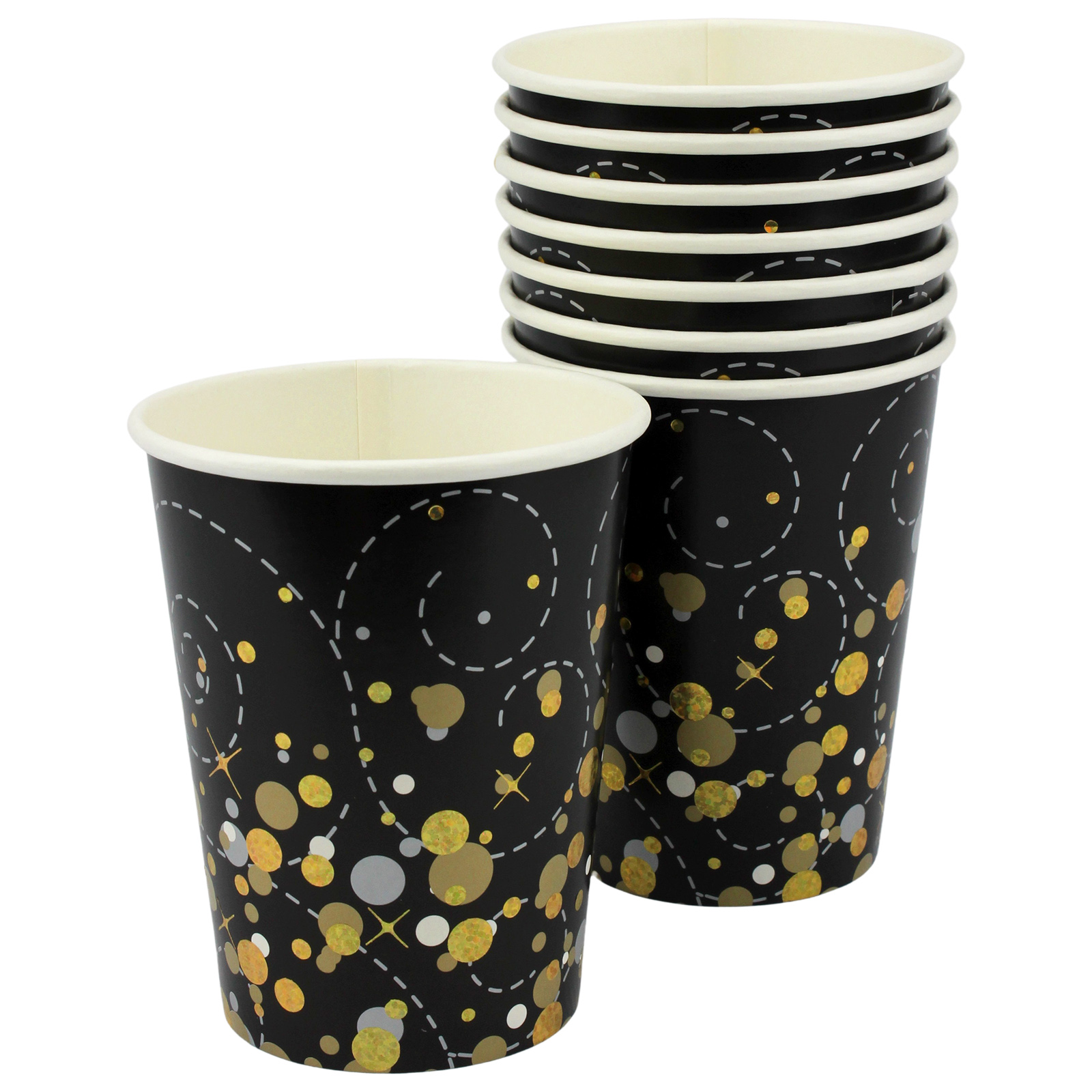 Sparkling Fizz Black & Gold Happy Birthday Holographic Paper Cups (Pack of 8)