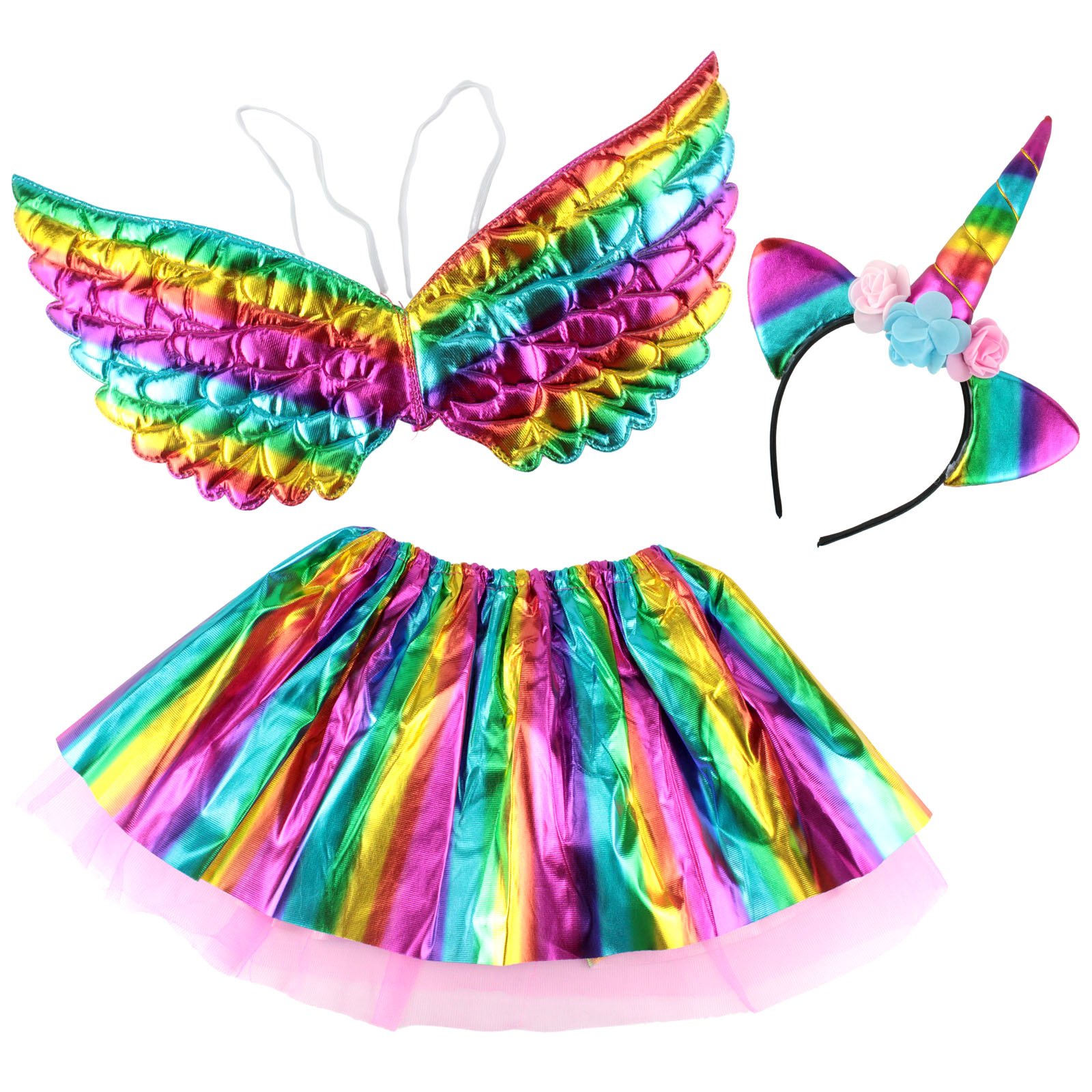 Metallic Rainbow Unicorn Headband, Wings and Tutu Set