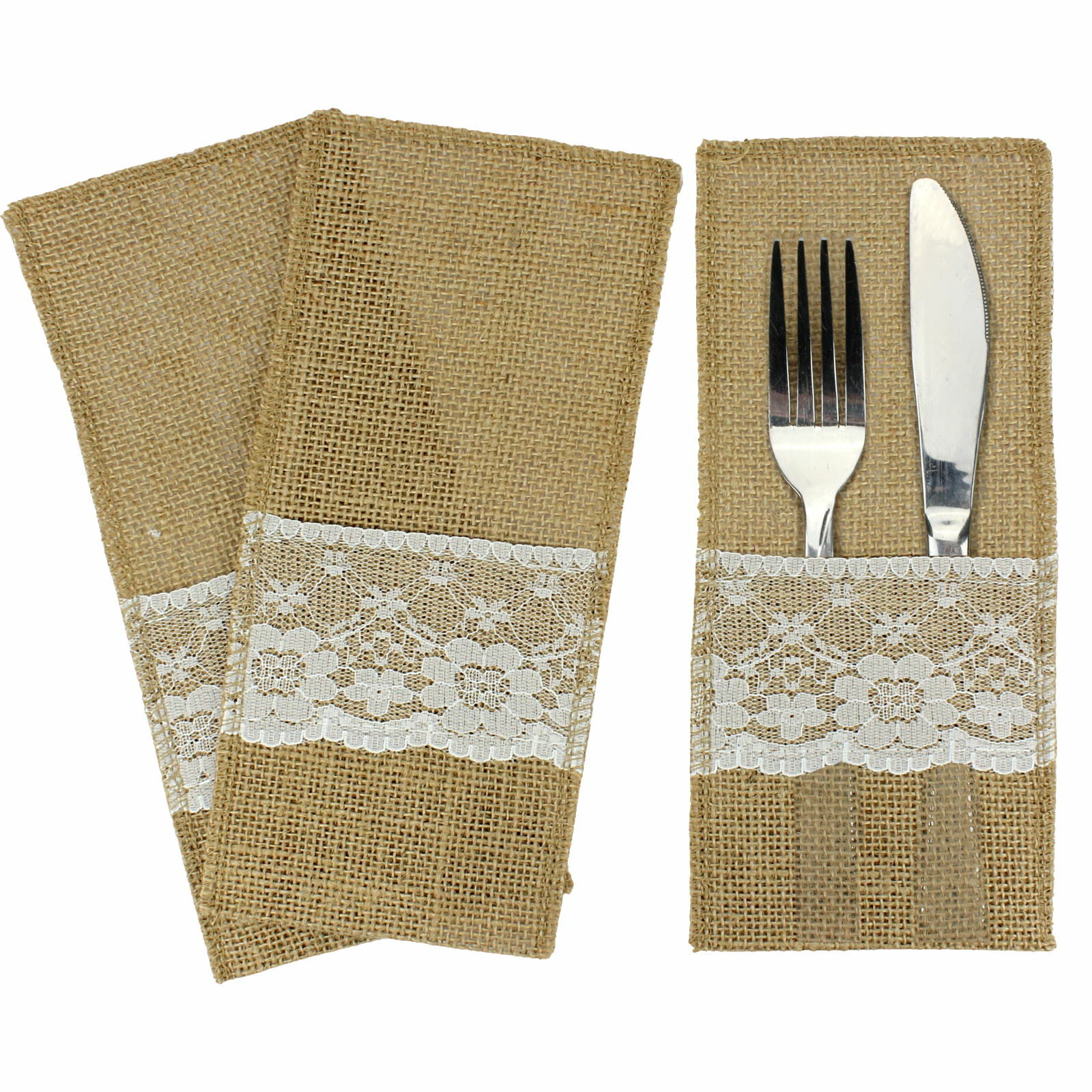 Hessian and White Lace Cutlery Pouch (Pack of 3)
