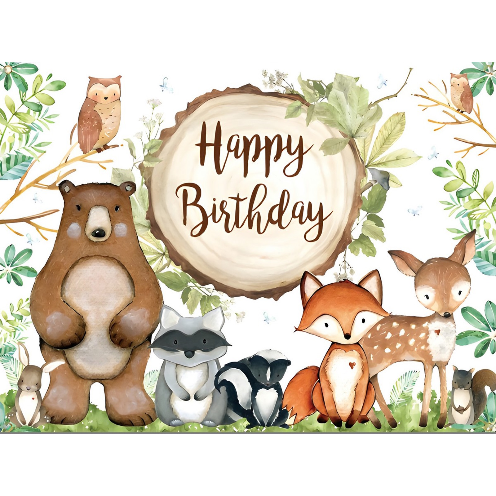 Woodland Animals Happy Birthday Fabric Backdrop